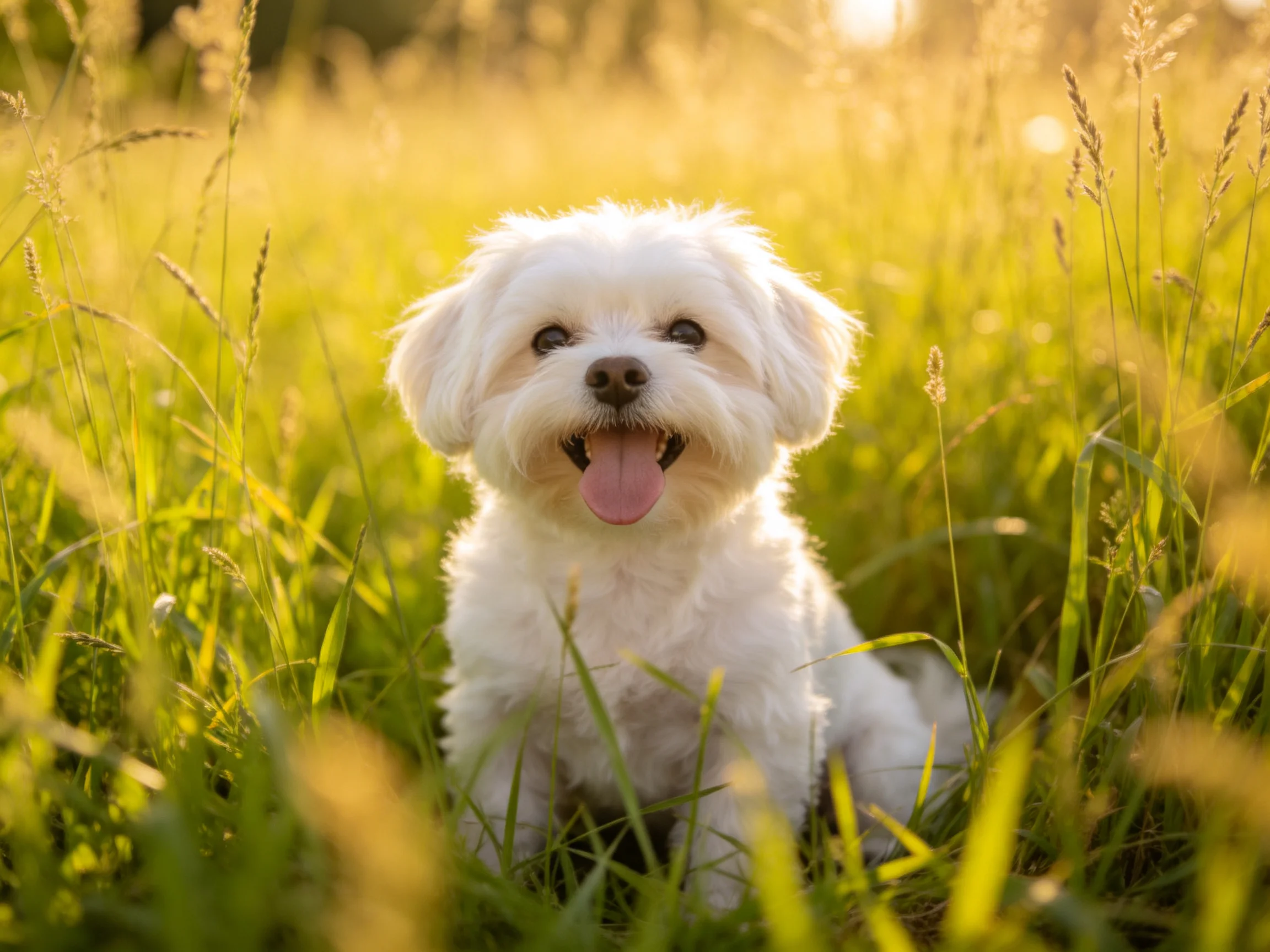 A fluffy white dog amidst sunlit tall green grass