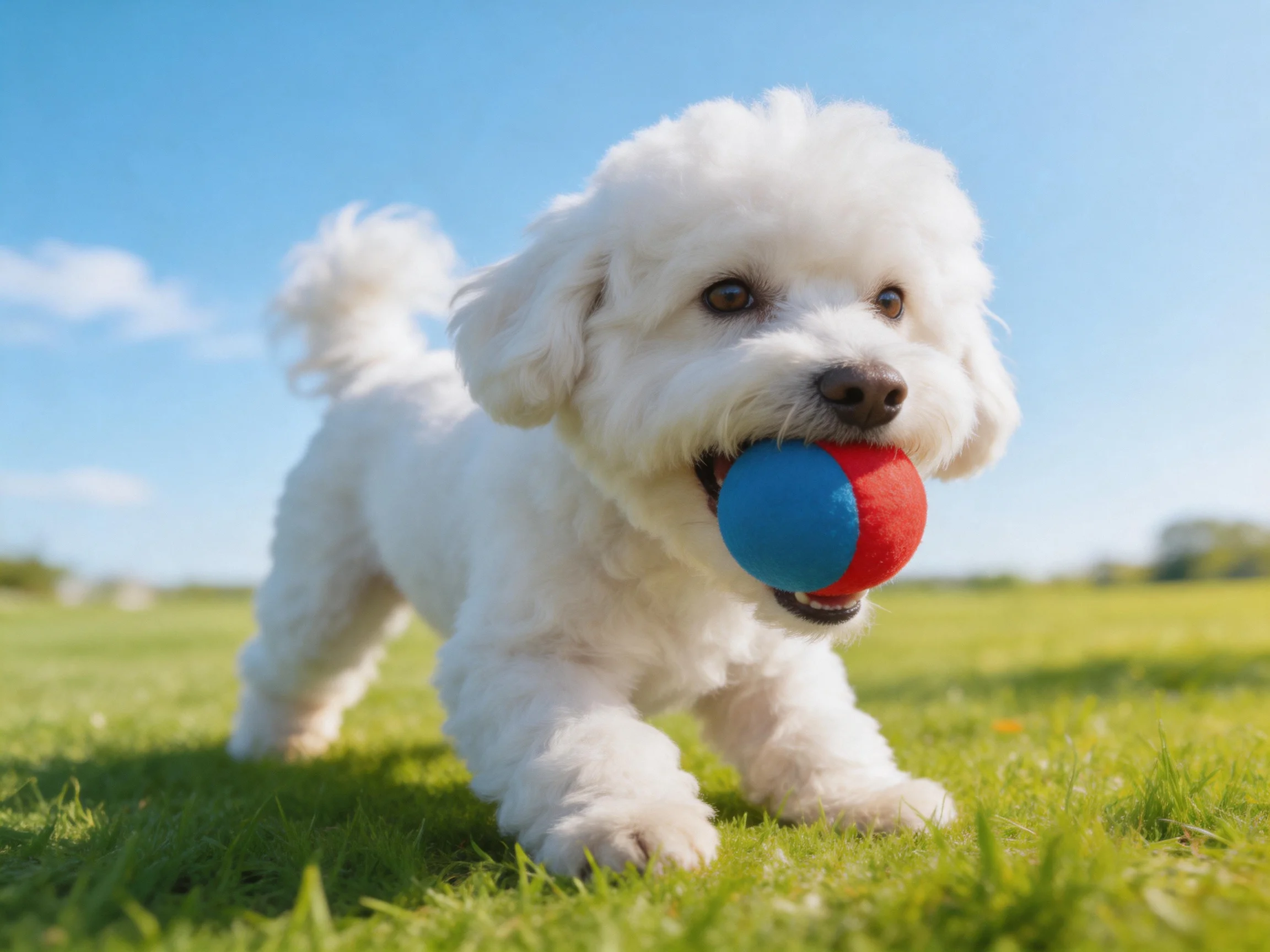 A fluffy white dog carries a red and blue ball on a sunny lawn