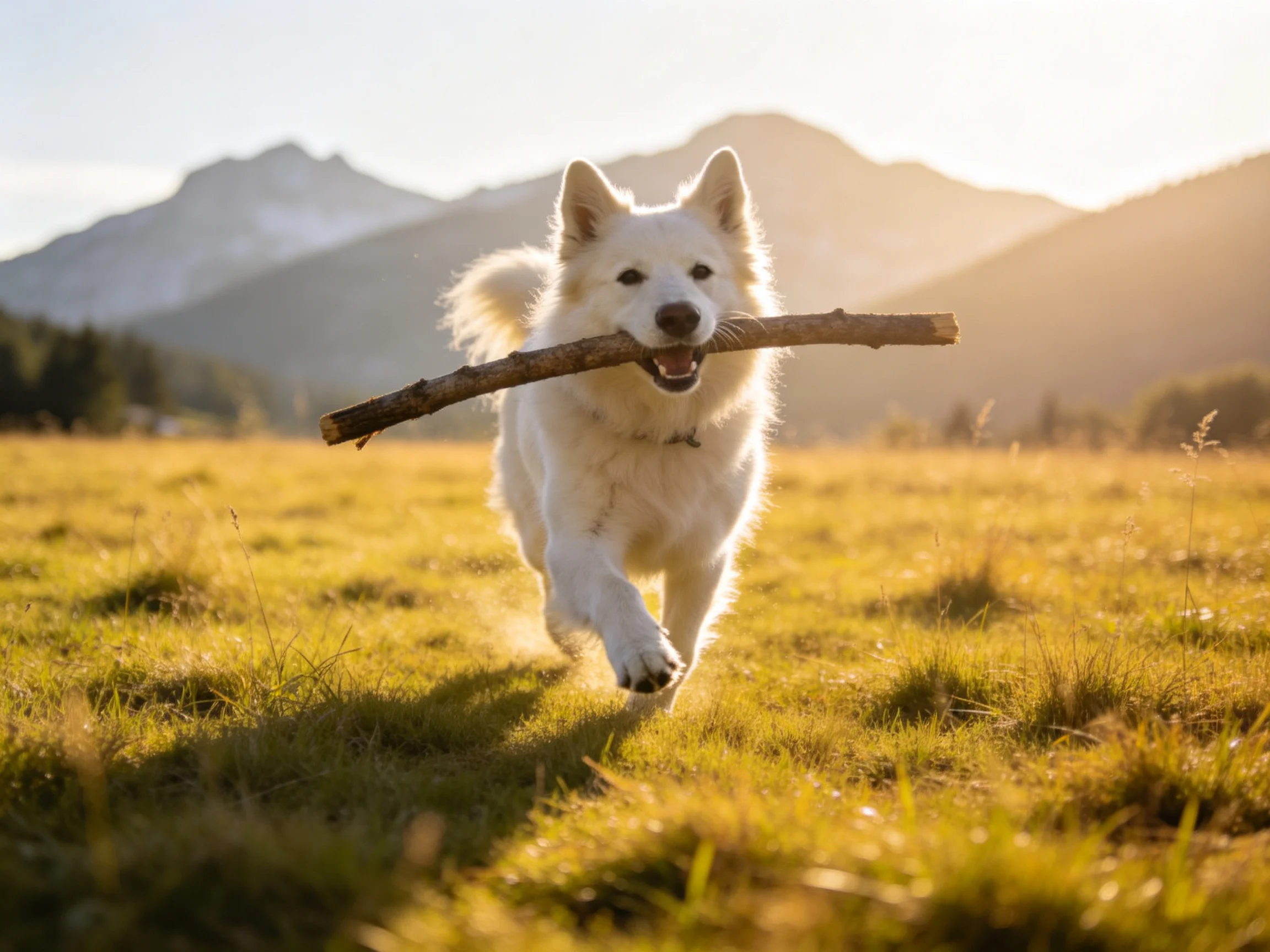 A fluffy white dog carries a thick wooden stick across a sunlit green meadow near mountains.