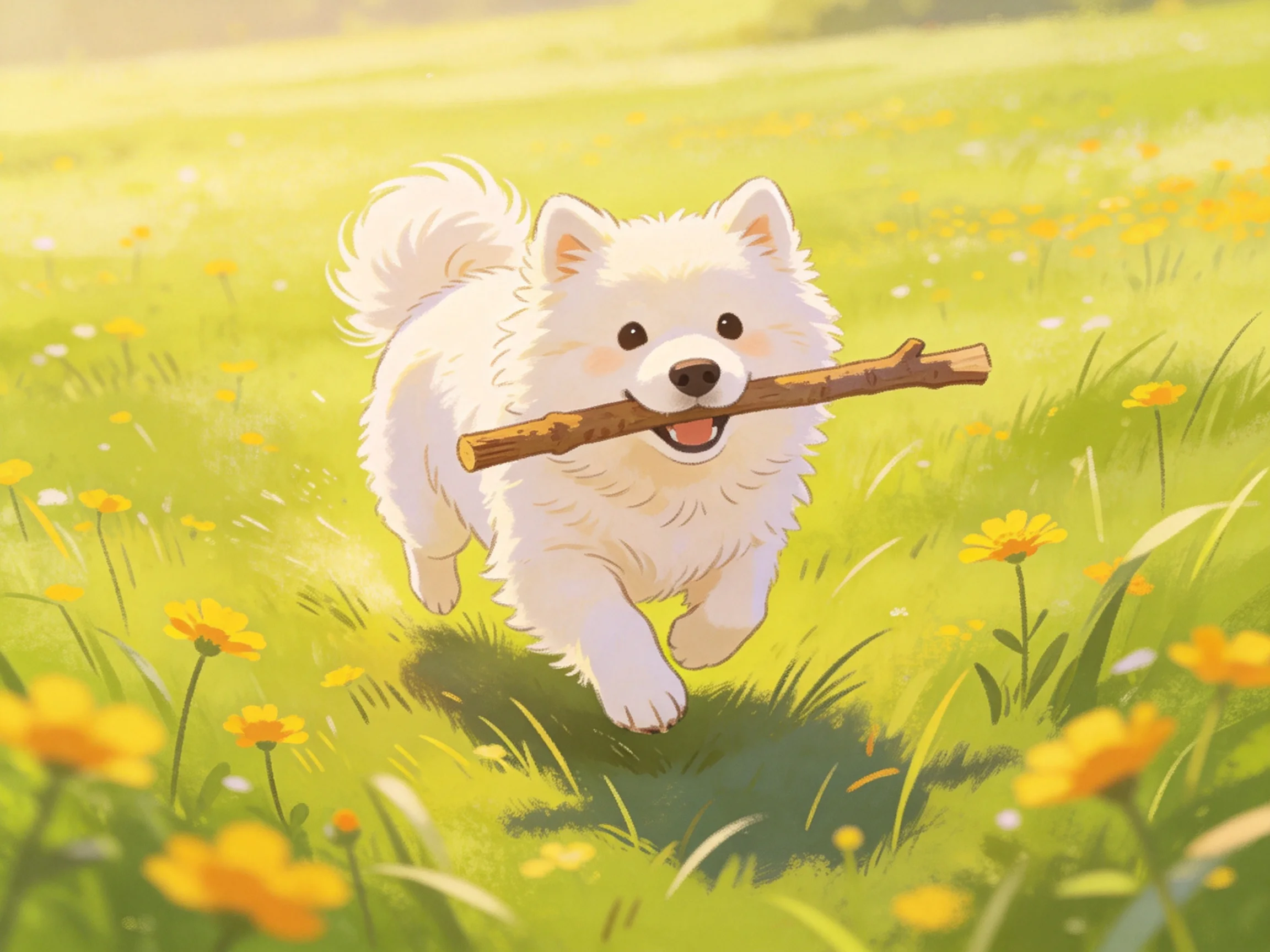 A fluffy white dog carries a wooden stick through a sunlit flower-filled meadow