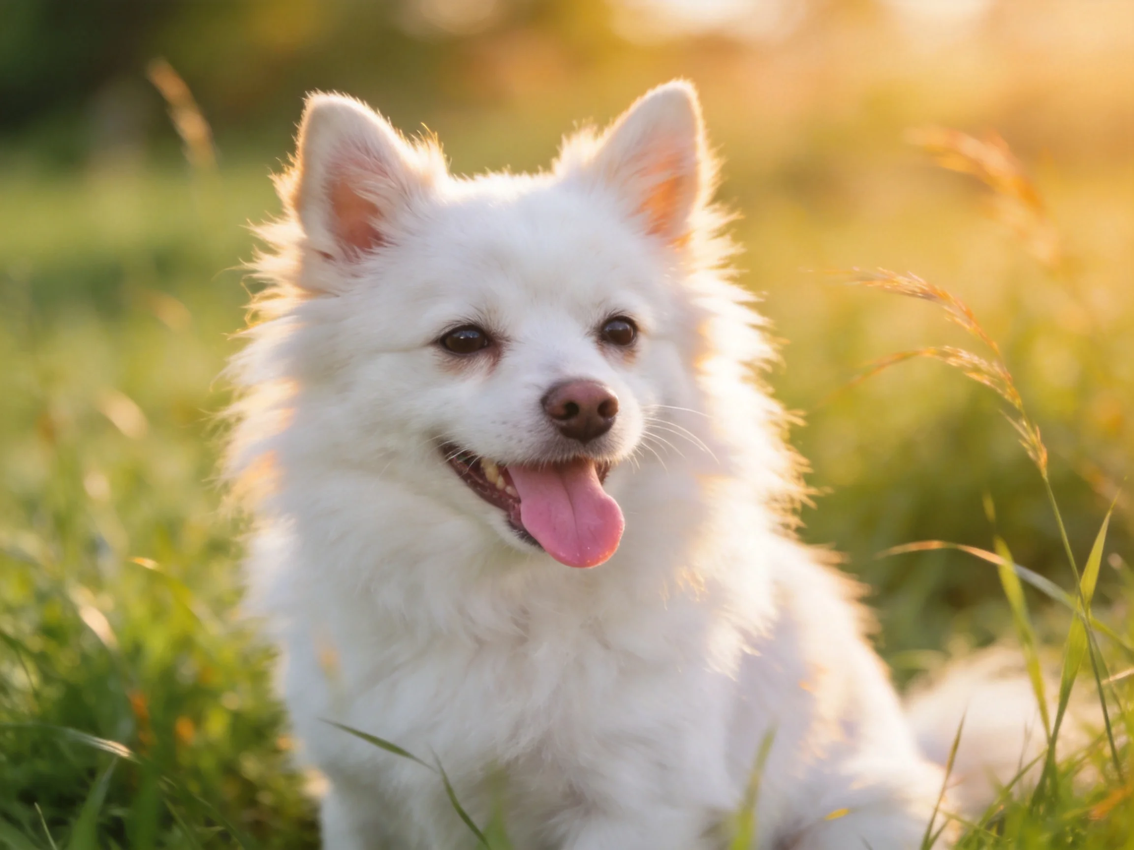 A fluffy white dog enjoys sunlit grassy surroundings