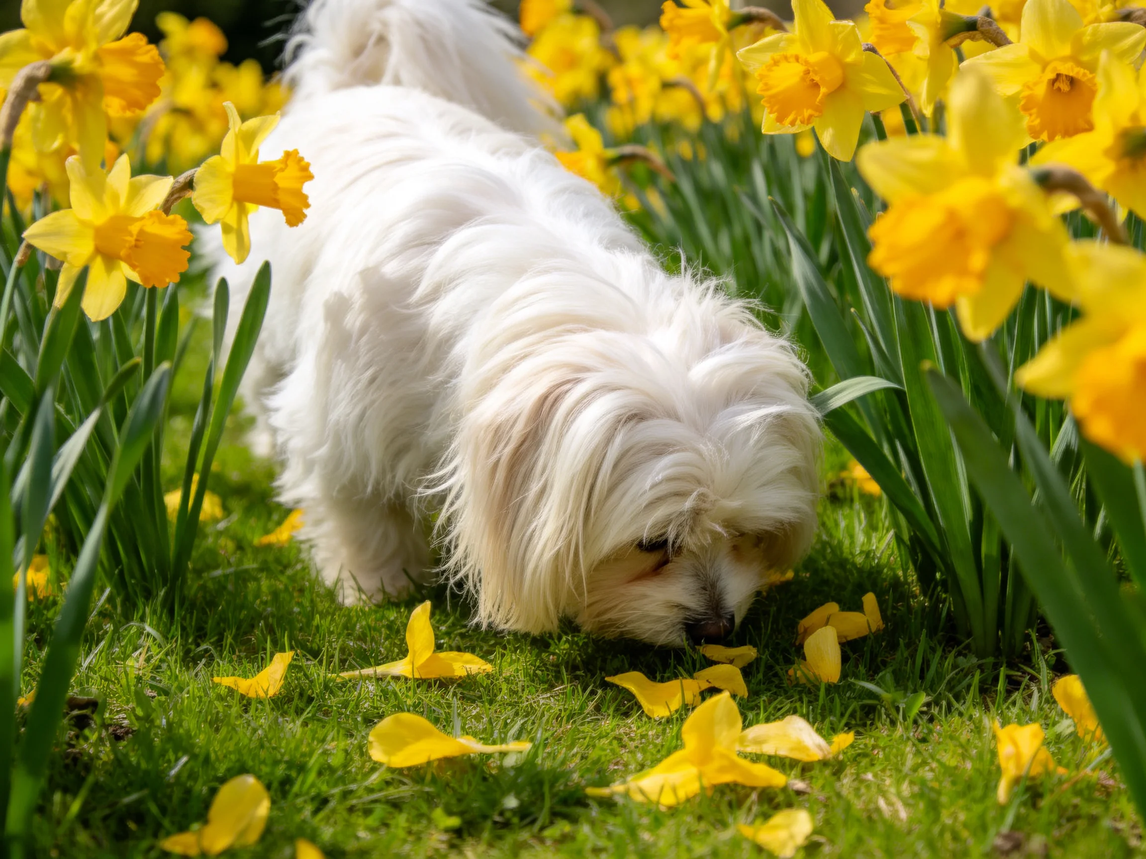 A fluffy white dog explores a field of bright yellow daffodils