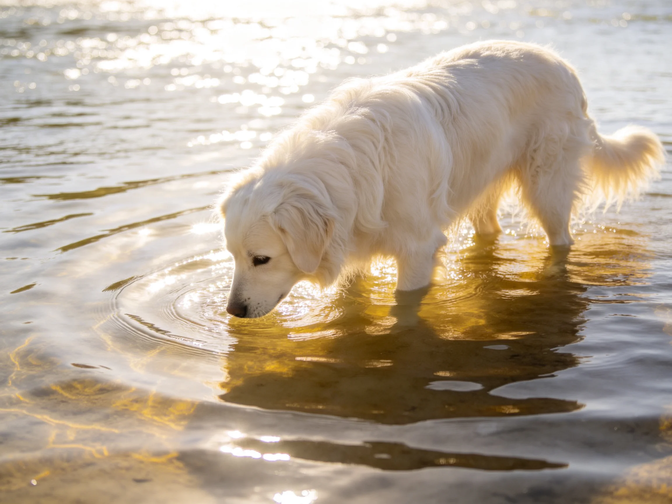 A fluffy white dog explores shallow golden water under bright sunlight