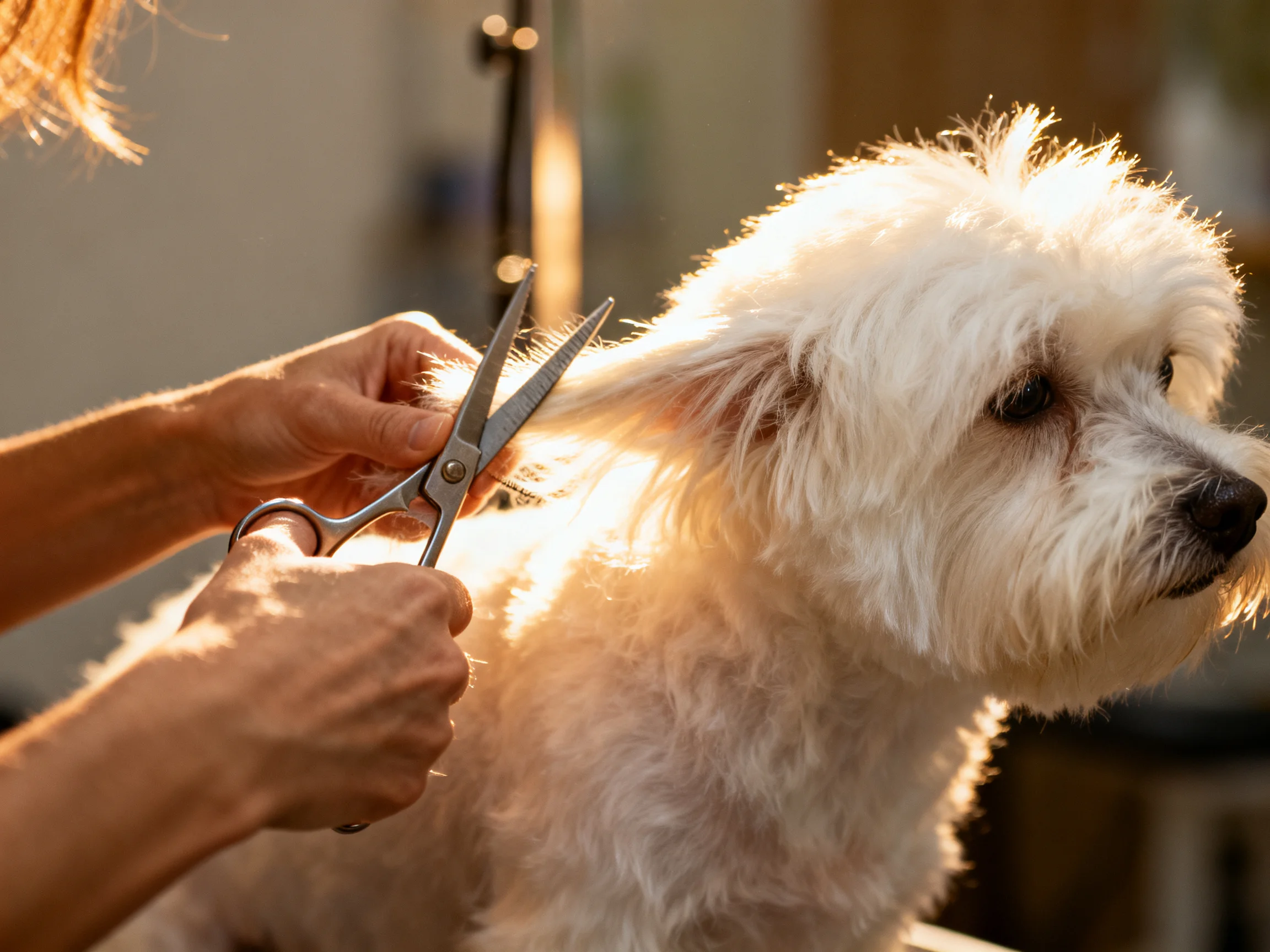 A fluffy white dog gets groomed with silver scissors under warm light