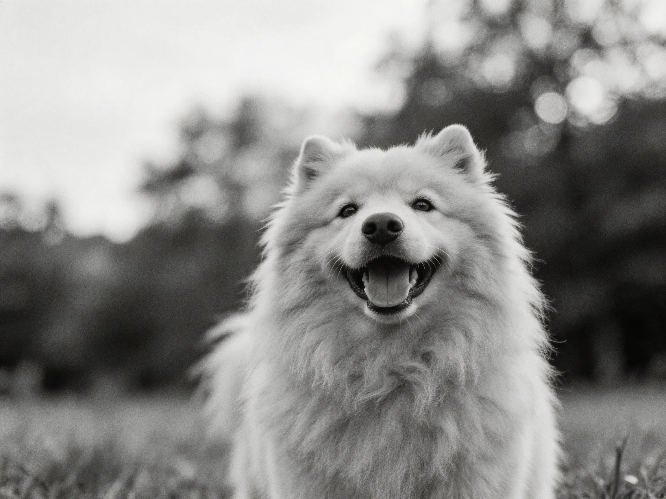 A fluffy white dog grins happily in a natural outdoor setting