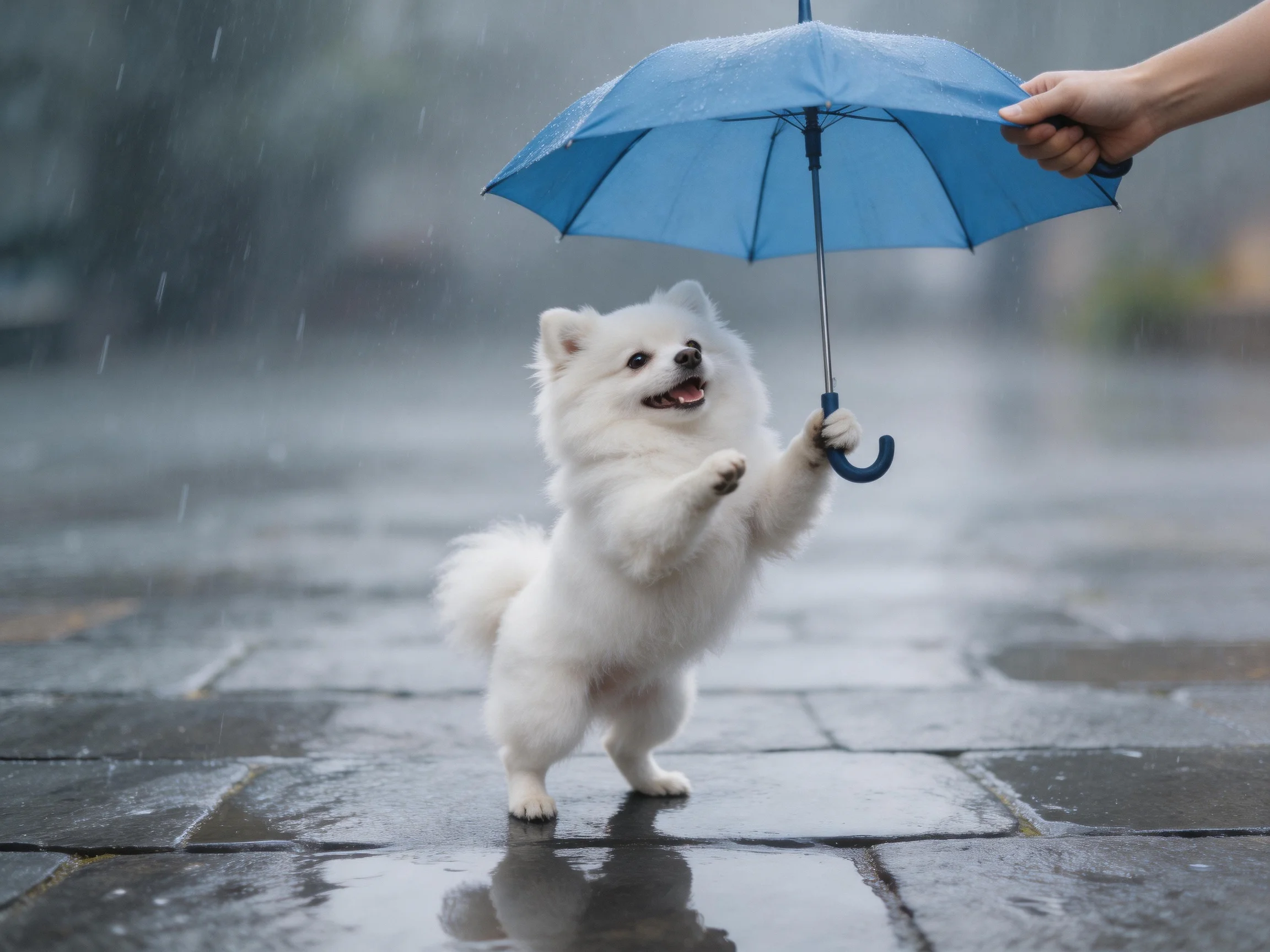 A white dog stands on its hind legs holding an umbrella in the rain.