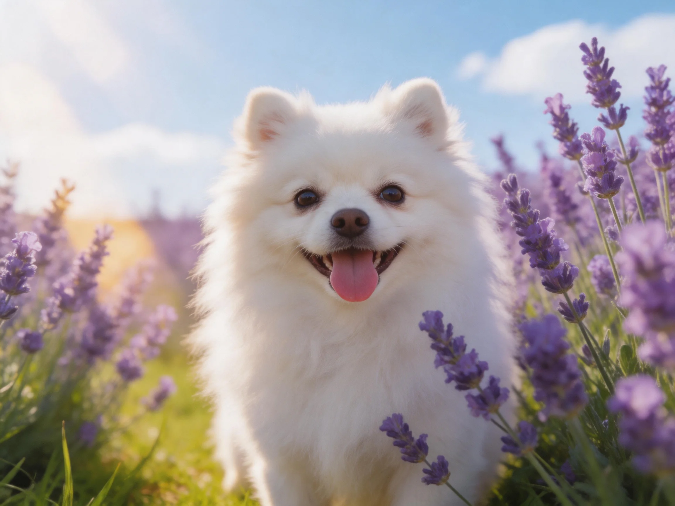 A fluffy white dog stands among lavender flowers in a sunny meadow.