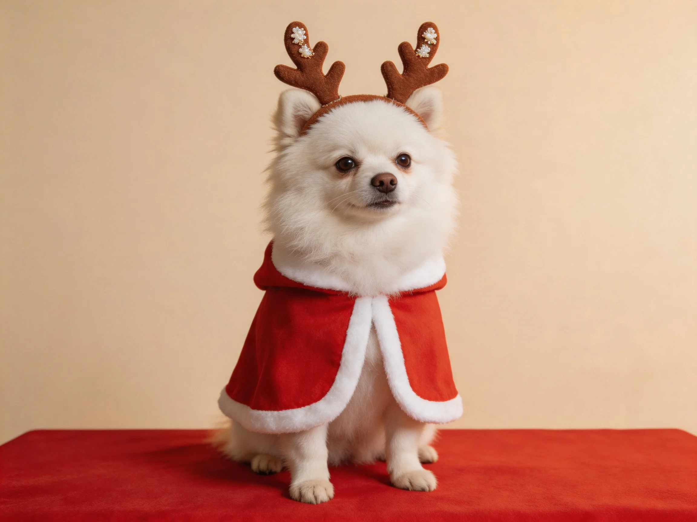 A small white dog sits on a red surface wearing a red cape and reindeer antlers.