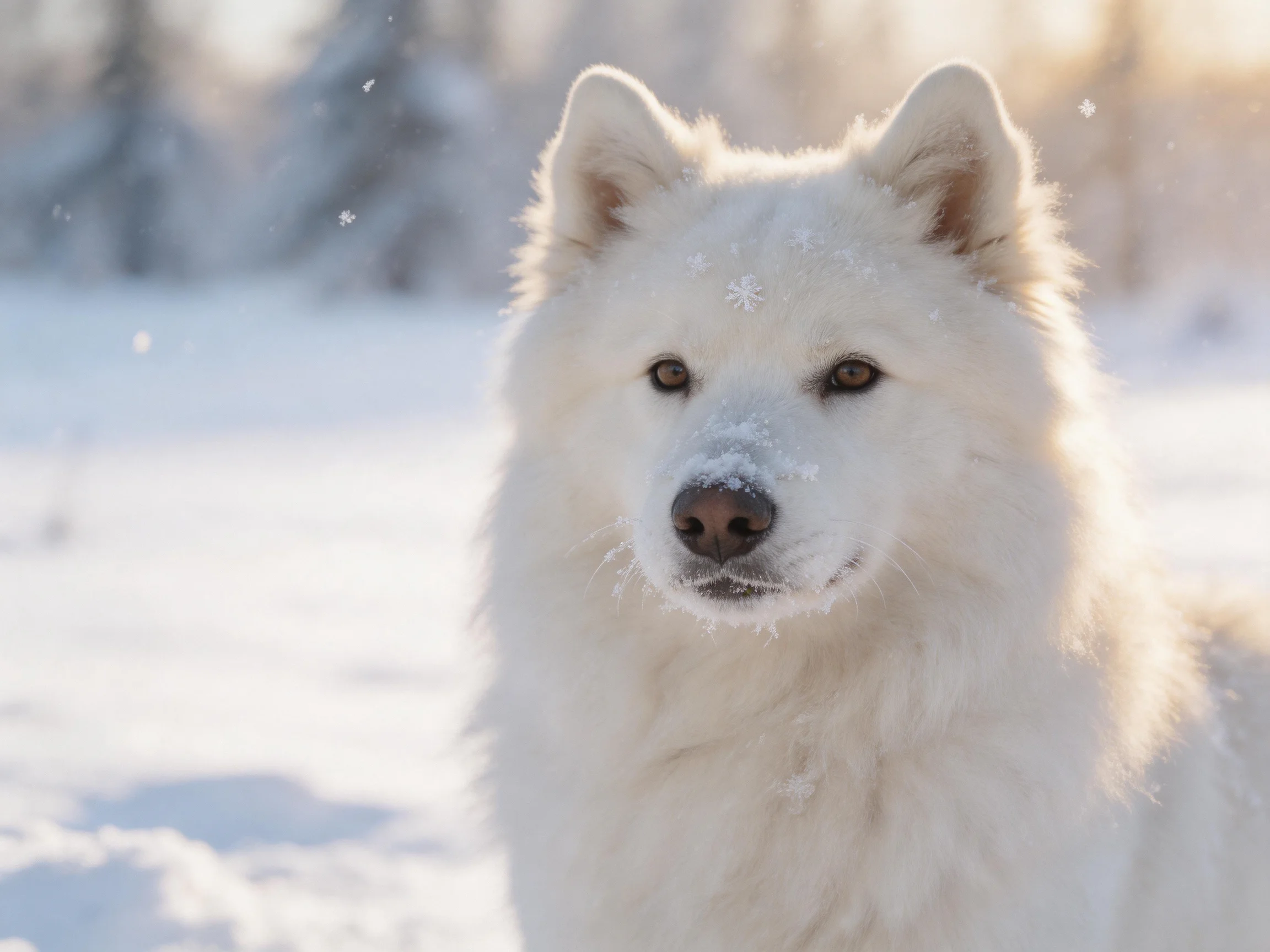 A fluffy white dog in a snowy landscape with falling snowflakes