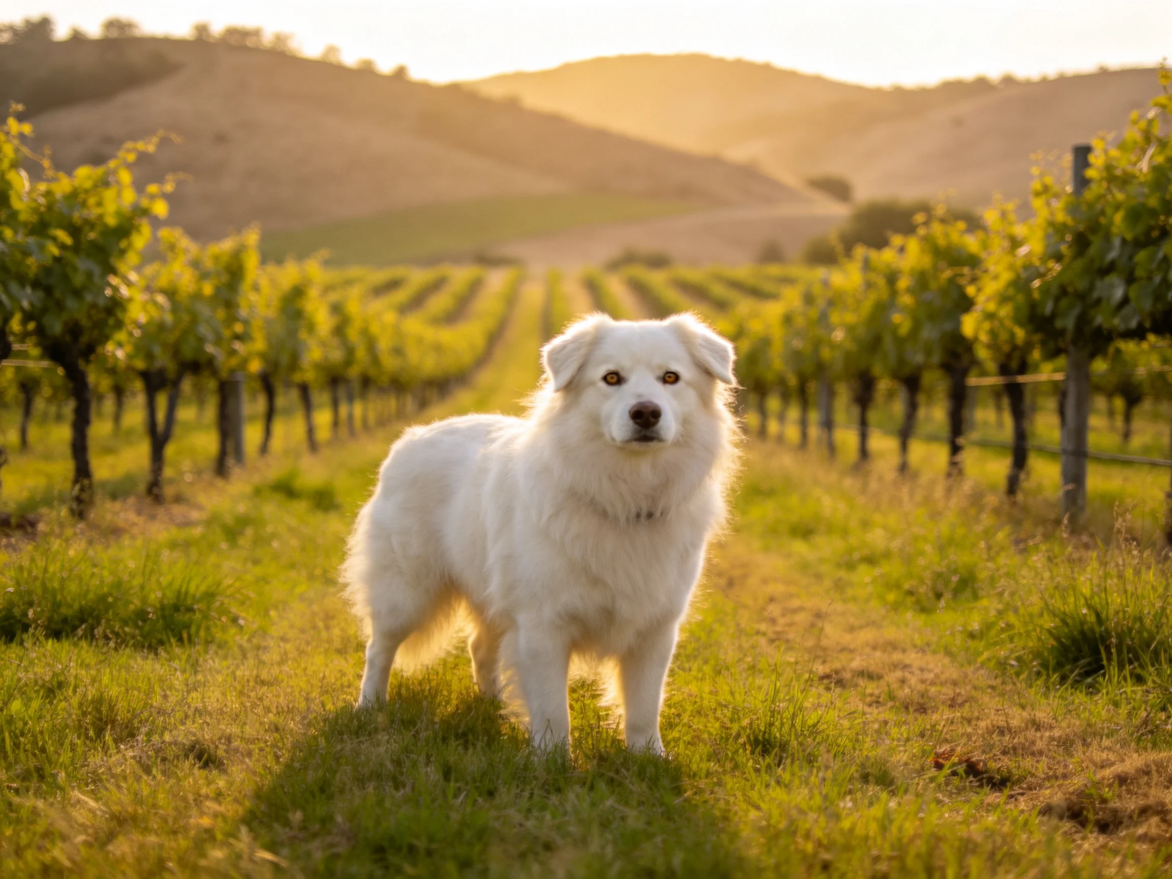 A white dog stands in a sunlit vineyard among rows of grapevines.