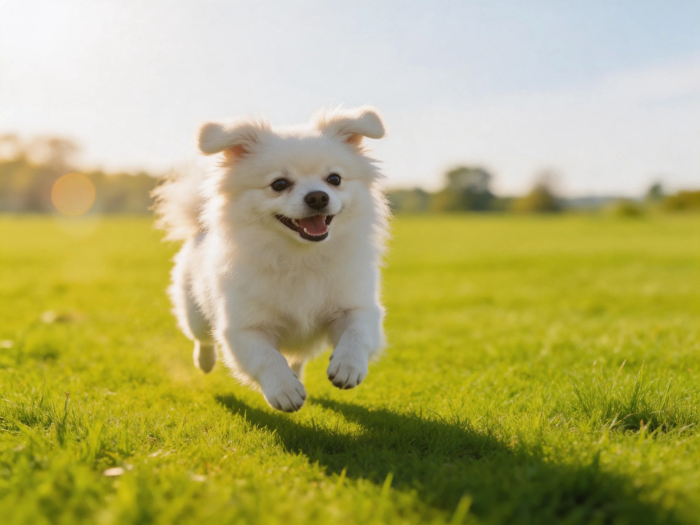 A fluffy white dog joyfully runs across a bright green meadow