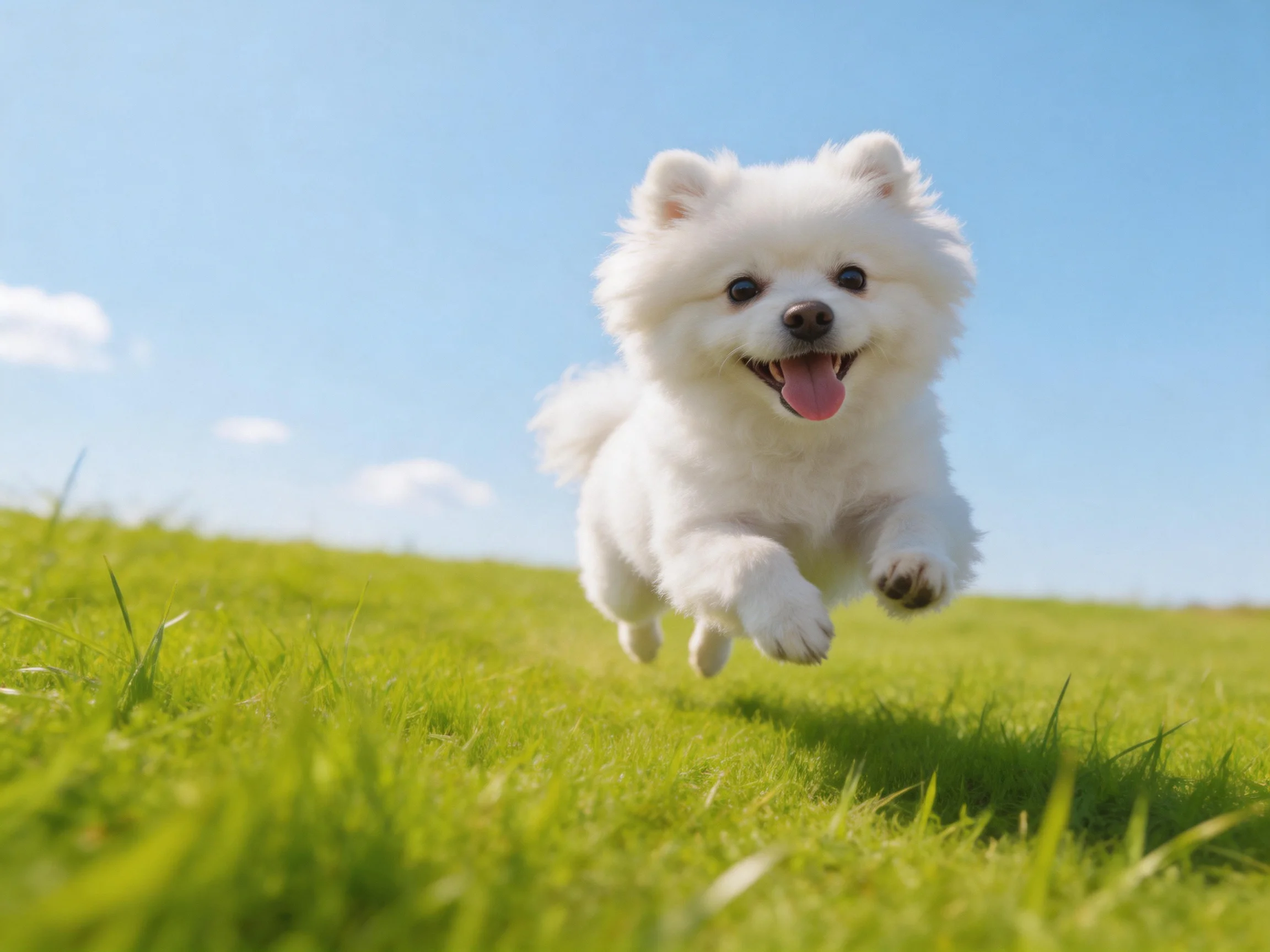 A fluffy white dog runs happily on lush green grass.