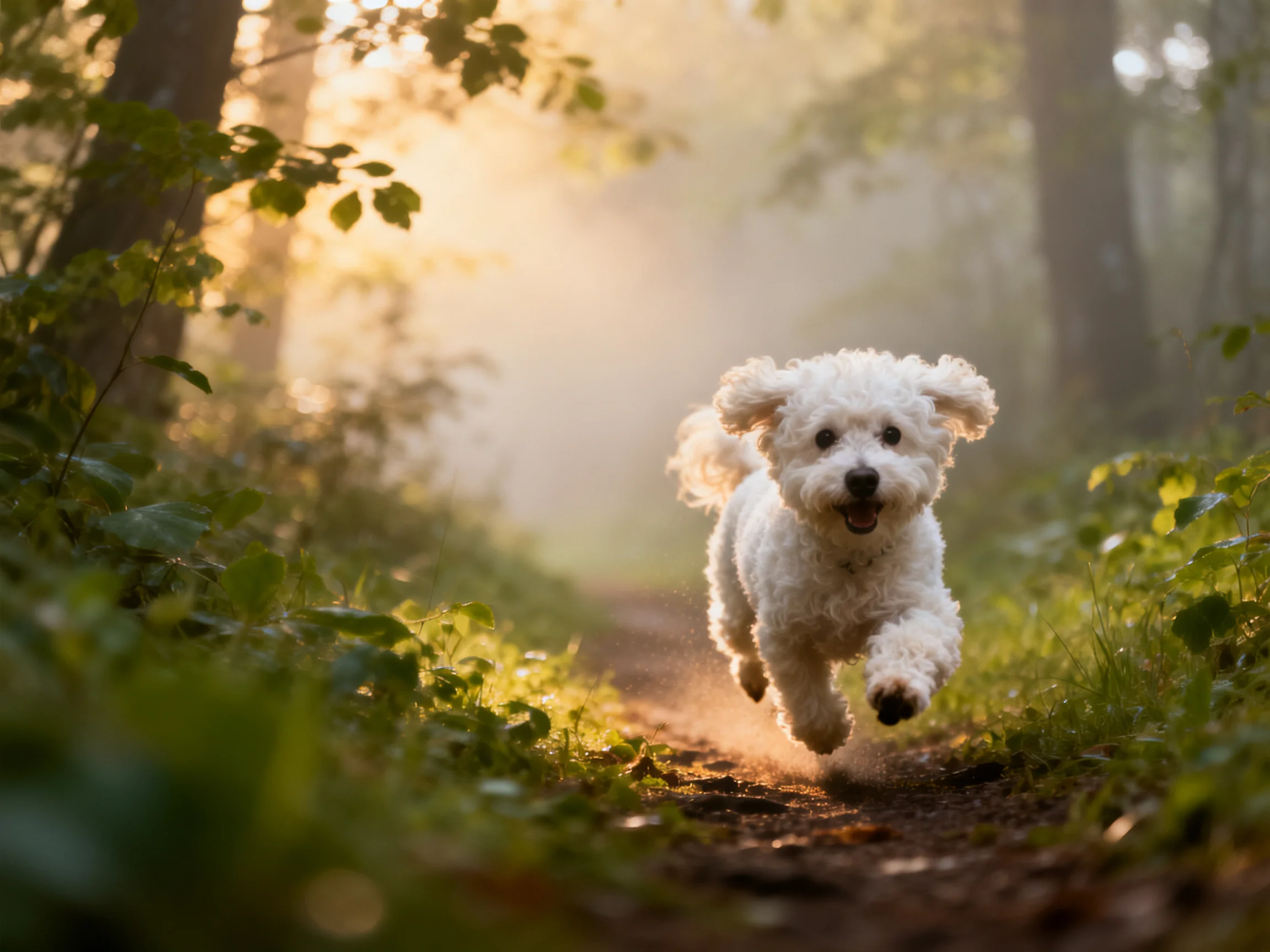 A fluffy white dog joyfully runs on a sun-dappled forest trail