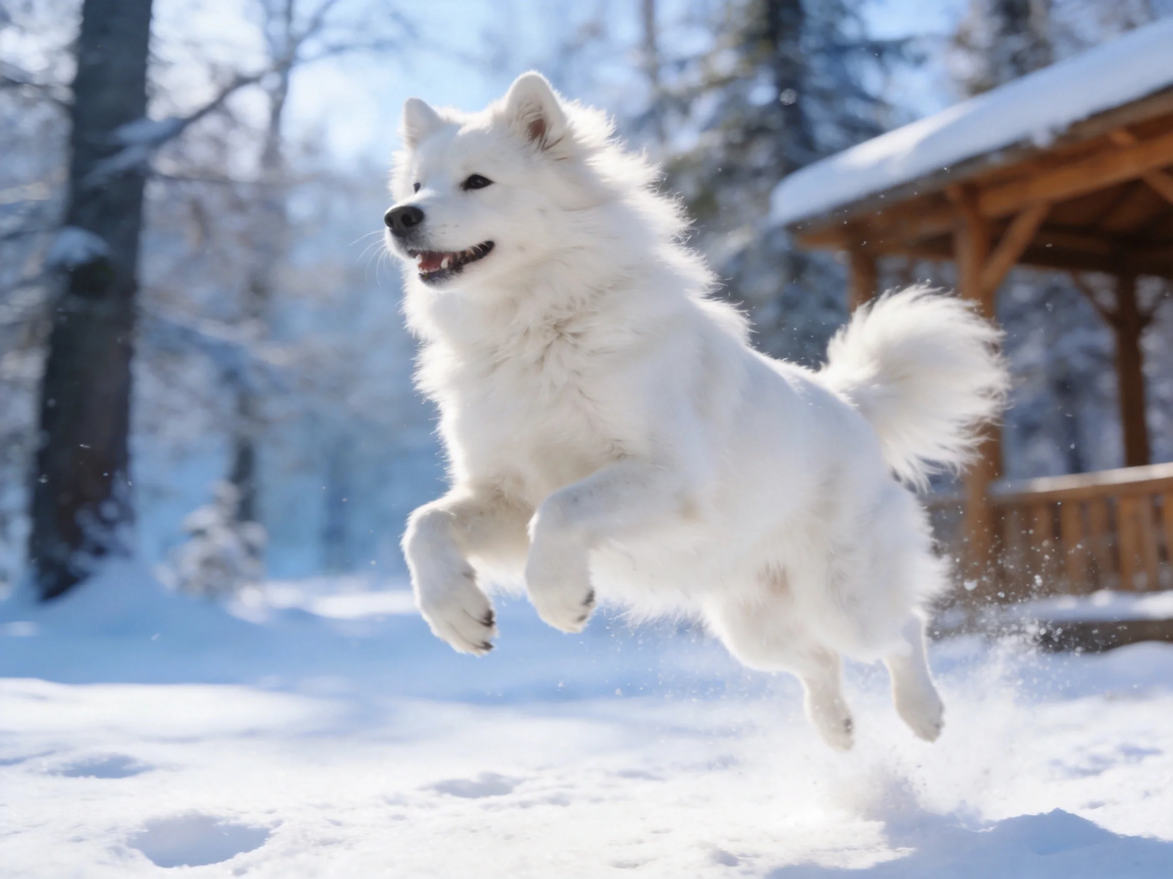 A fluffy white dog leaps joyfully in a snowy winter landscape