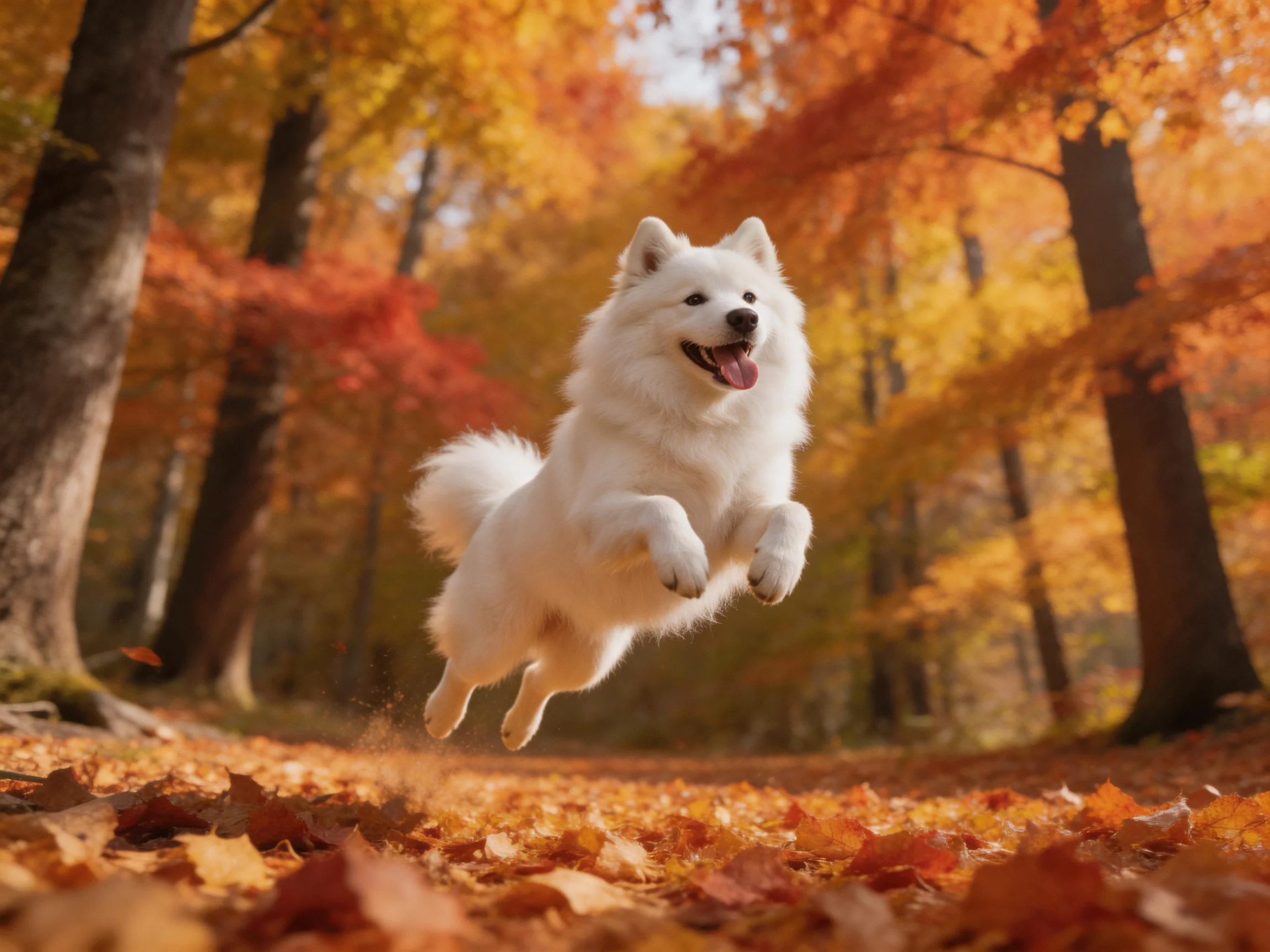 A fluffy white dog leaps through vibrant autumn foliage