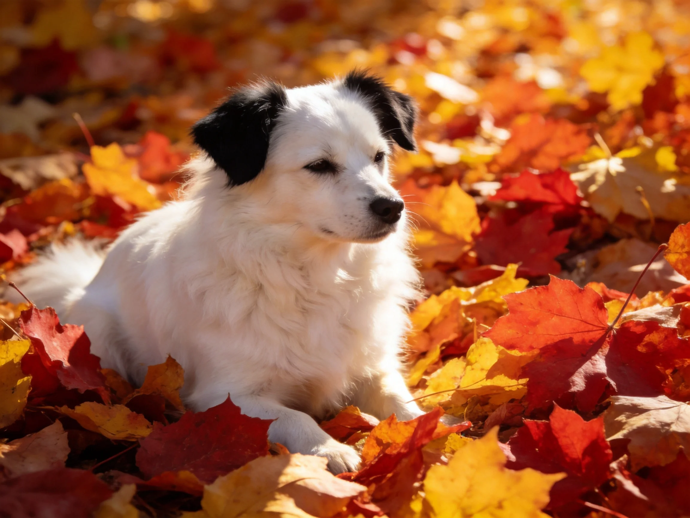 A white dog sits calmly amid colorful autumn leaves