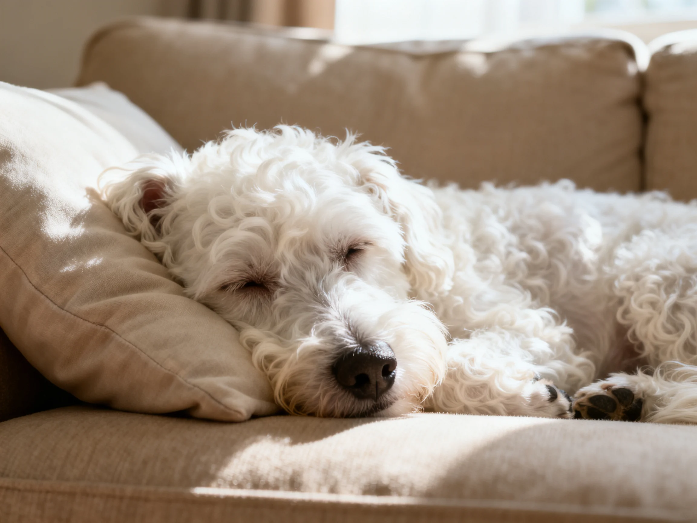 A fluffy white dog naps on a beige sofa with soft cushions