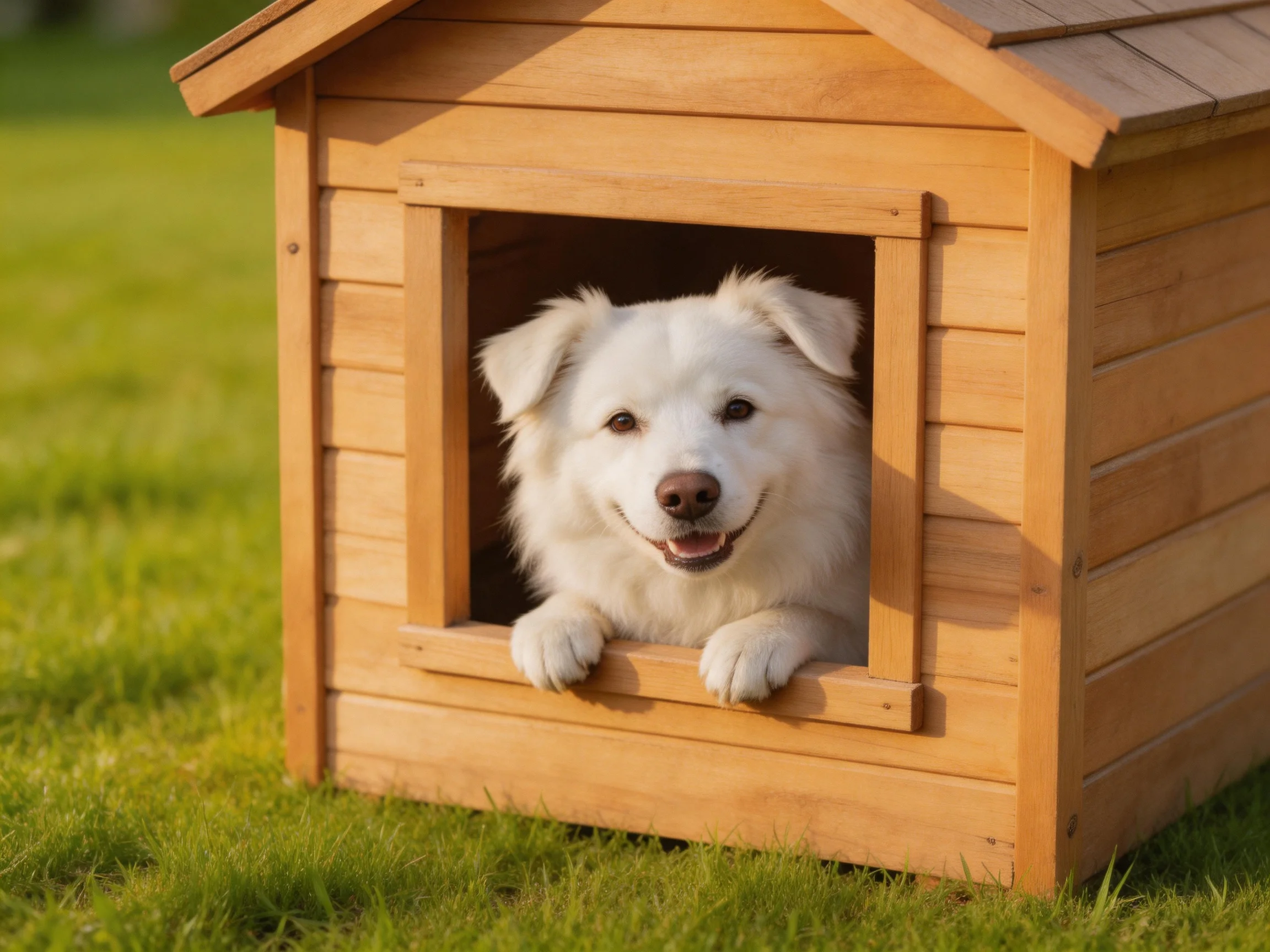 A fluffy white dog peeks out of a wooden doghouse on lush green grass