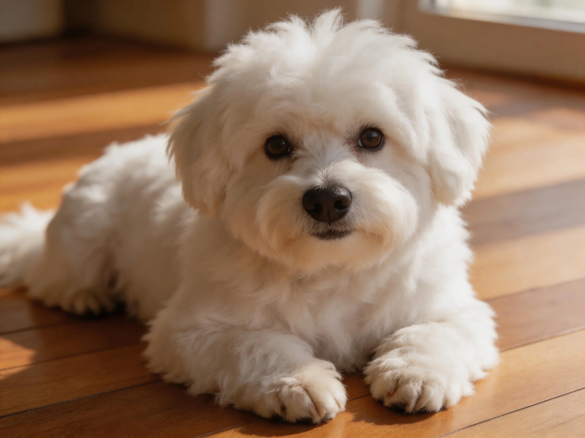 A fluffy white dog resting on a polished wooden floor