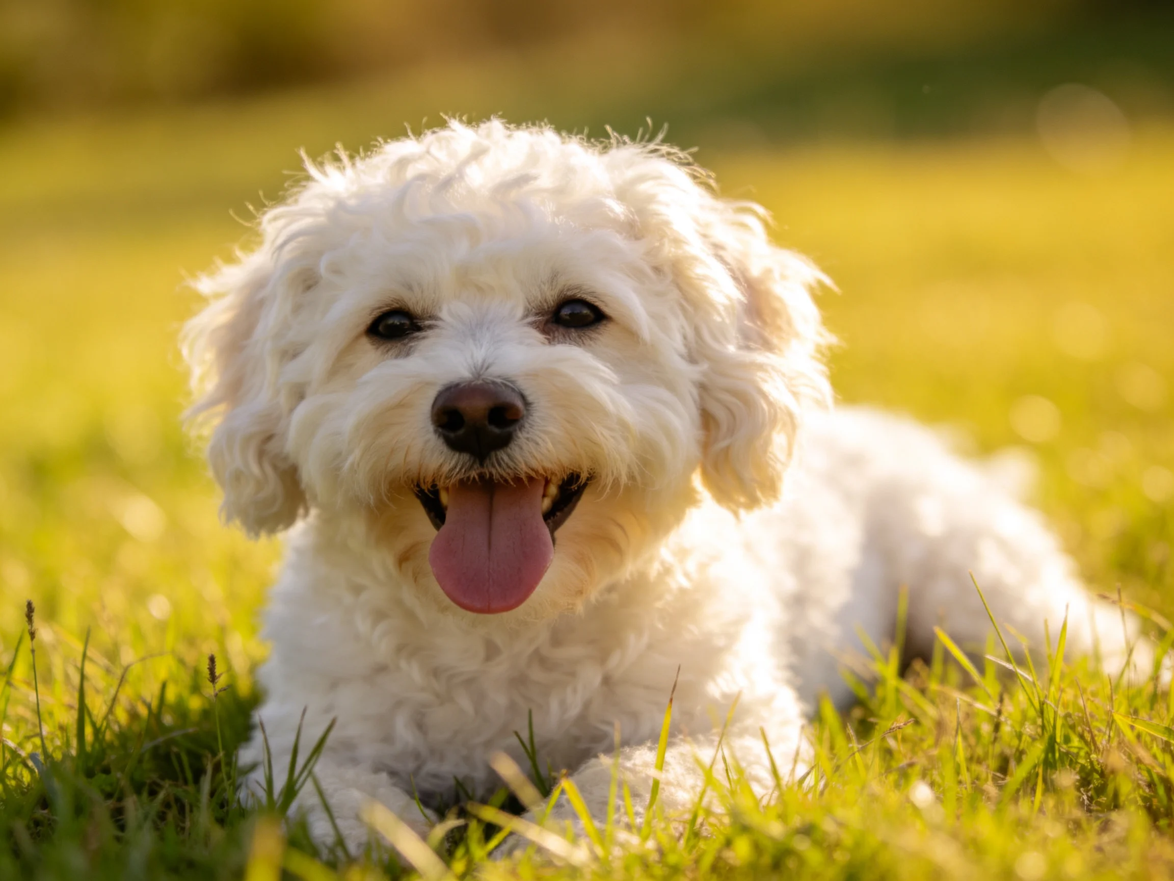A happy white dog relaxes on sunlit grass.