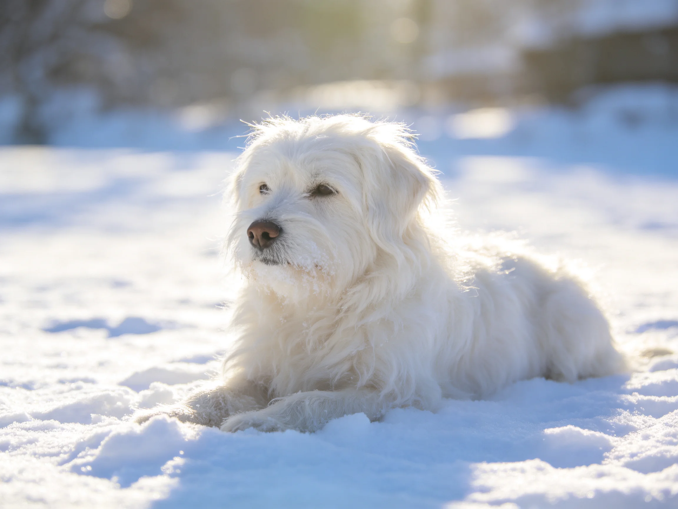 A small white dog rests calmly in a sunlit snowy area.