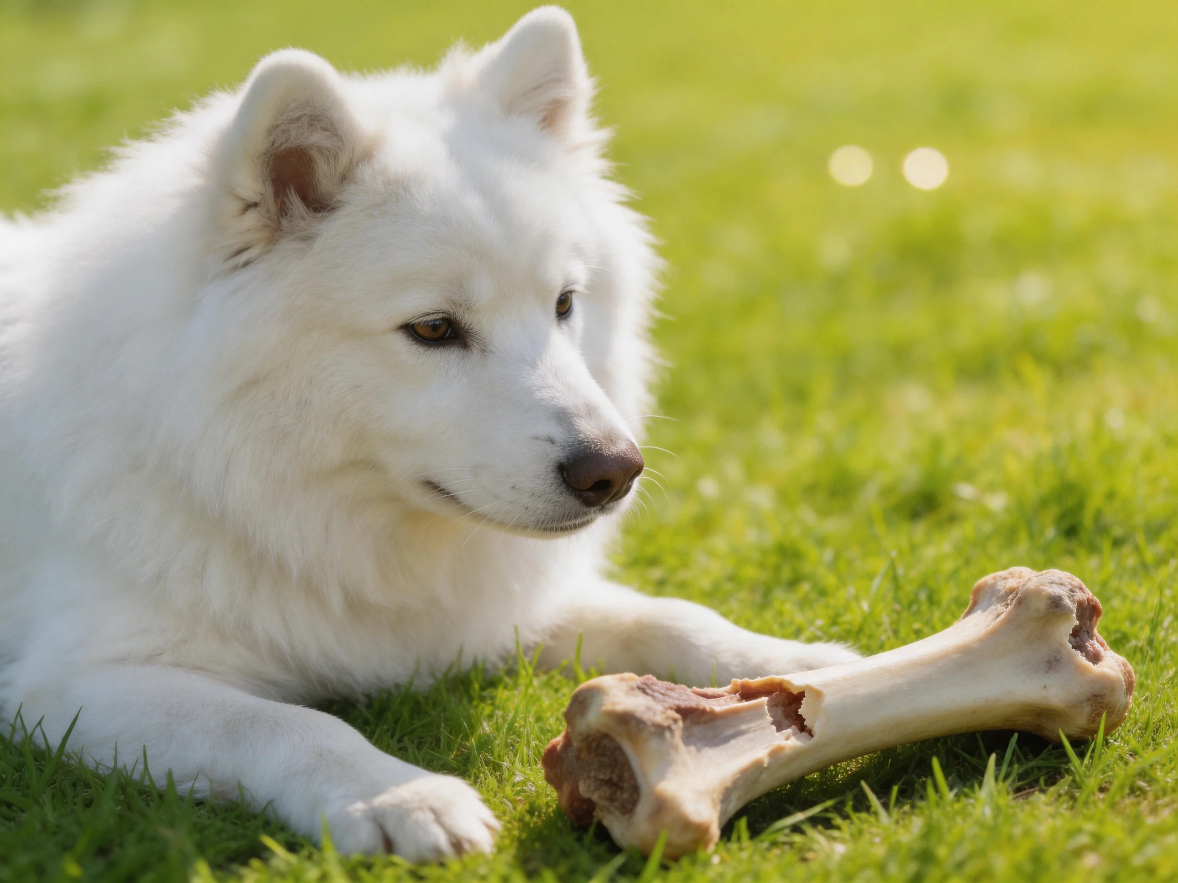 A white dog lies next to a large bone on green grass.