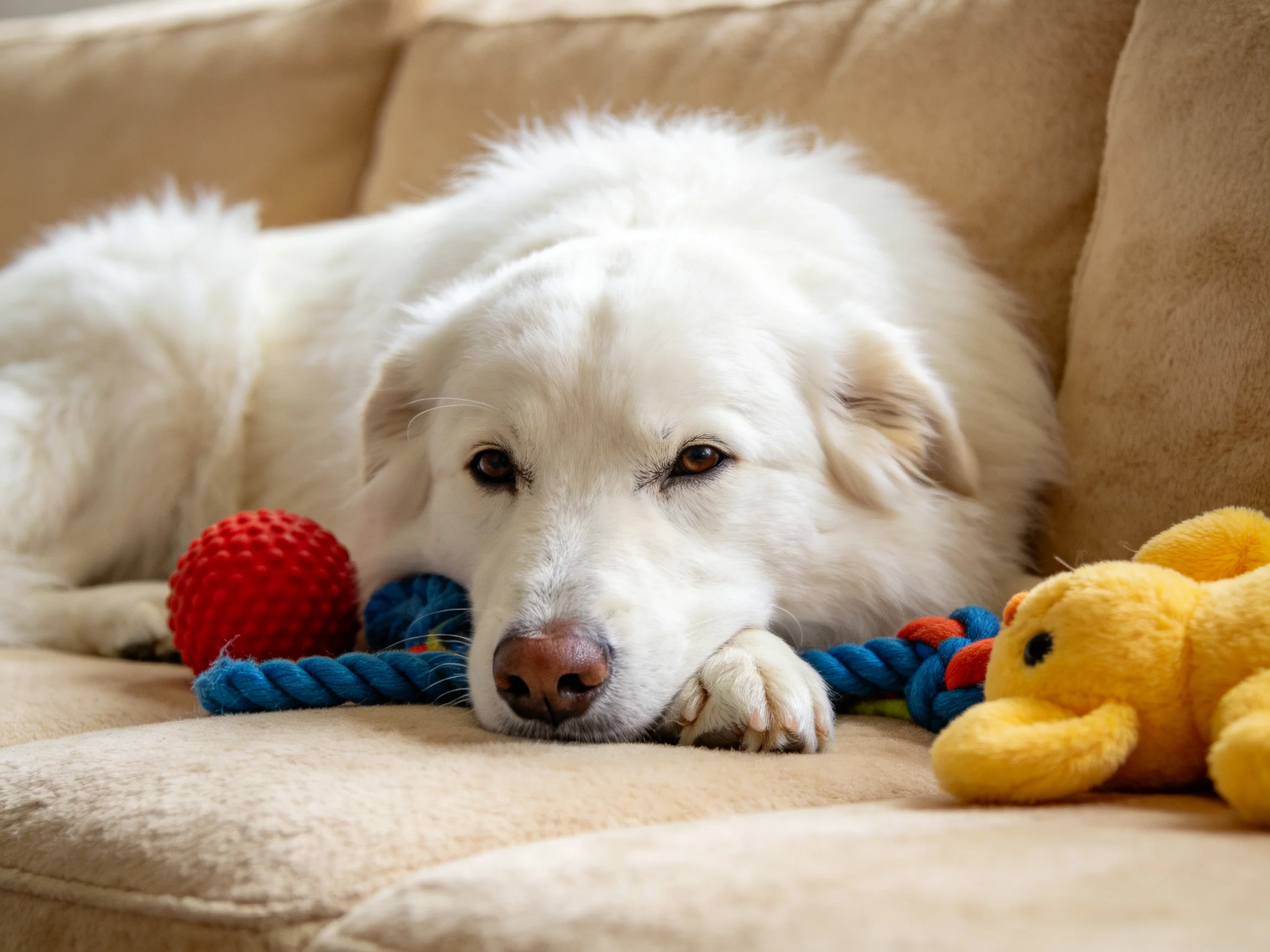 A white dog relaxes on a couch with colorful toys nearby.