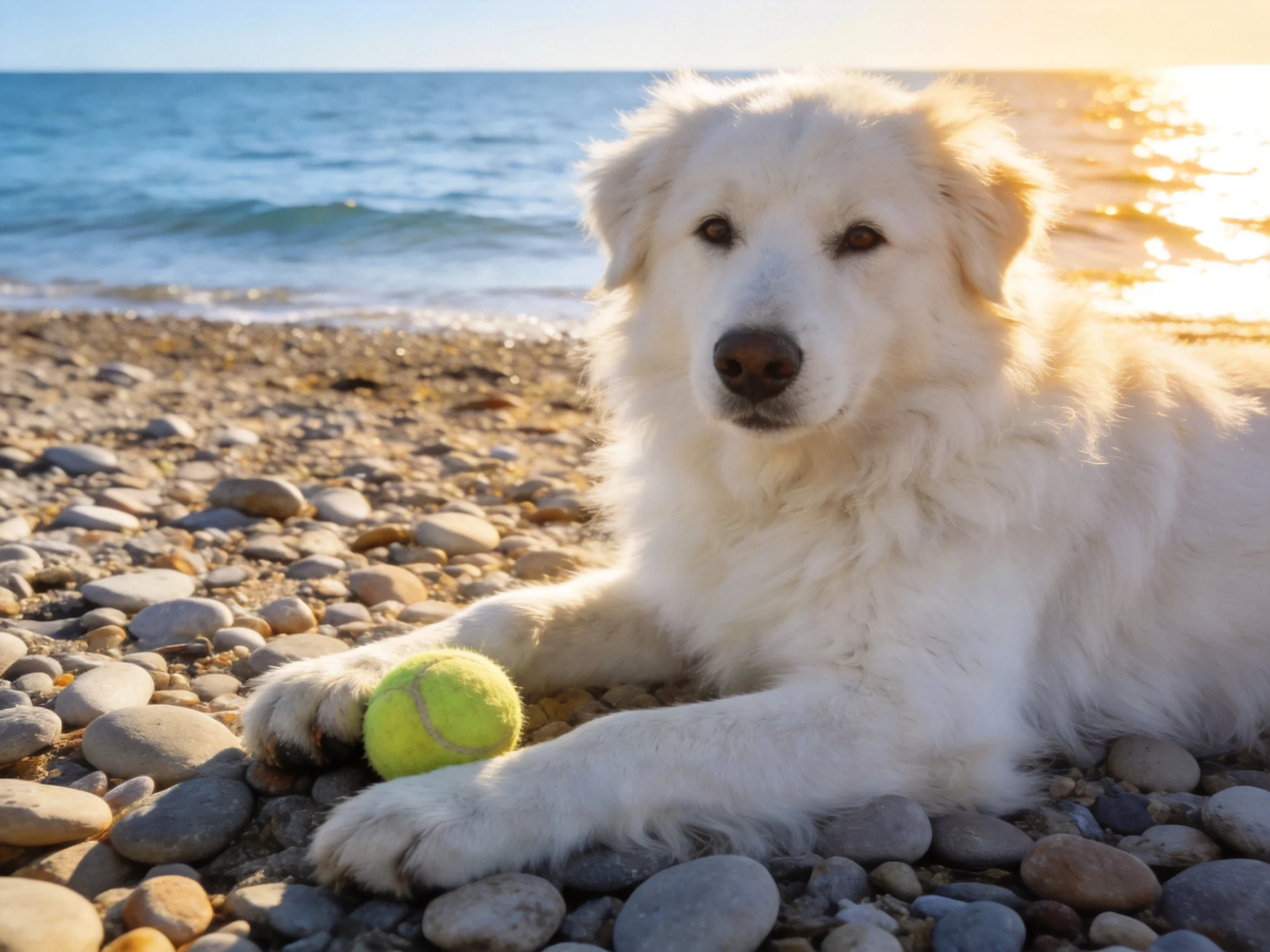 A white dog relaxes on a pebbly beach beside a tennis ball