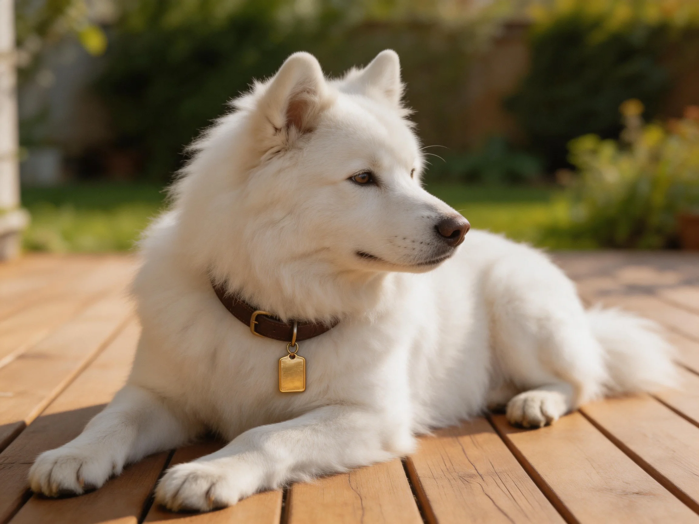 A fluffy white dog relaxes on a wooden deck outdoors.