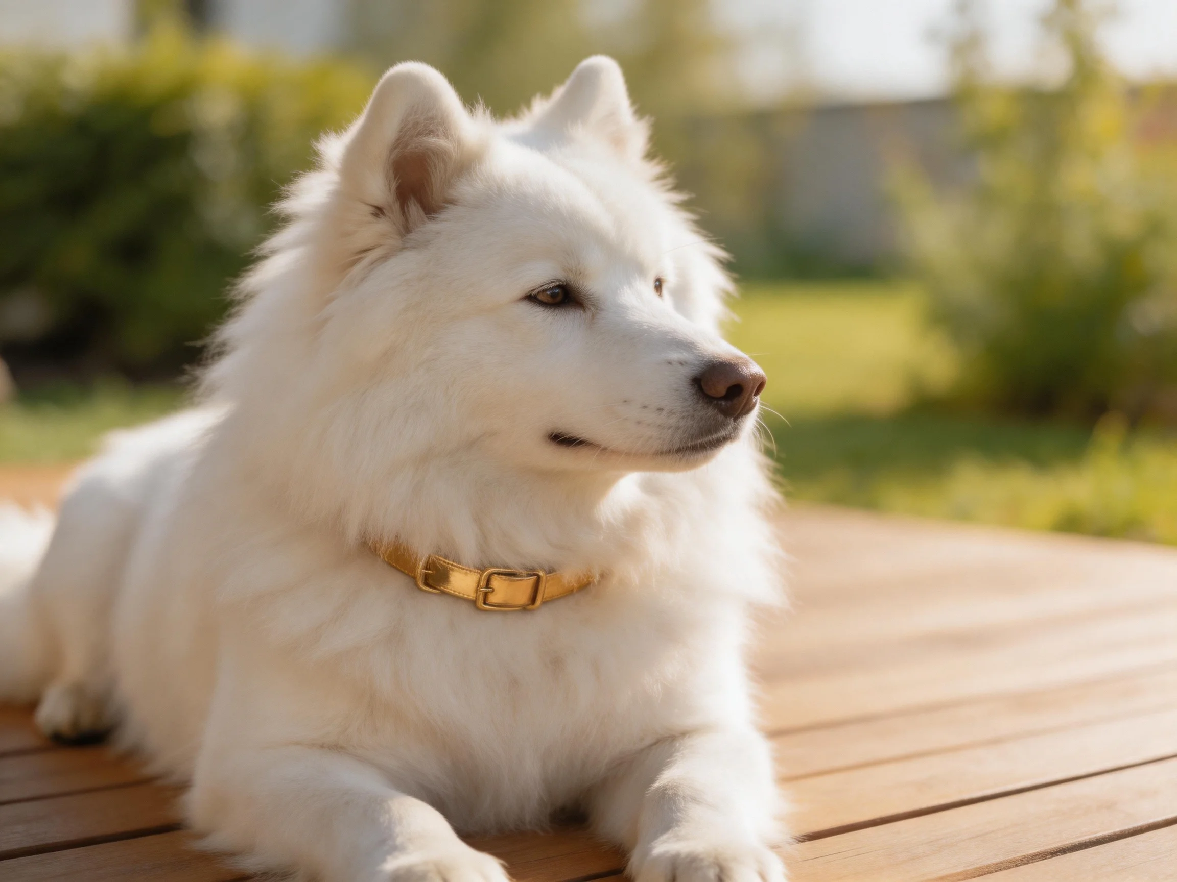 A fluffy white dog lies calmly on a wooden deck in an outdoor area.