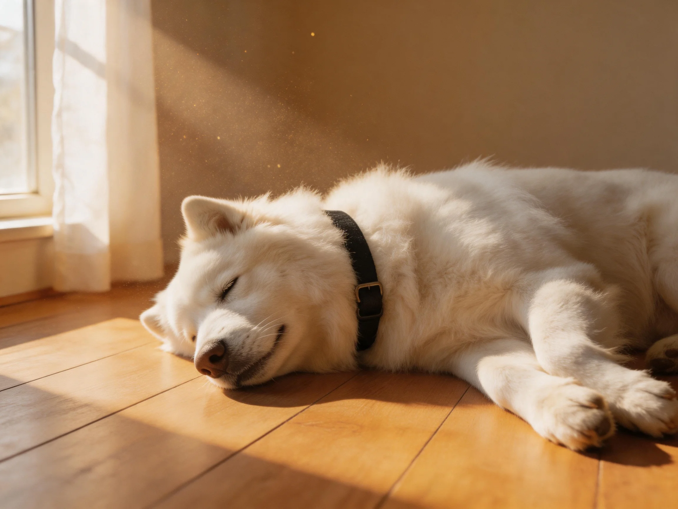 Fluffy white dog relaxes on a wooden floor in sunlight