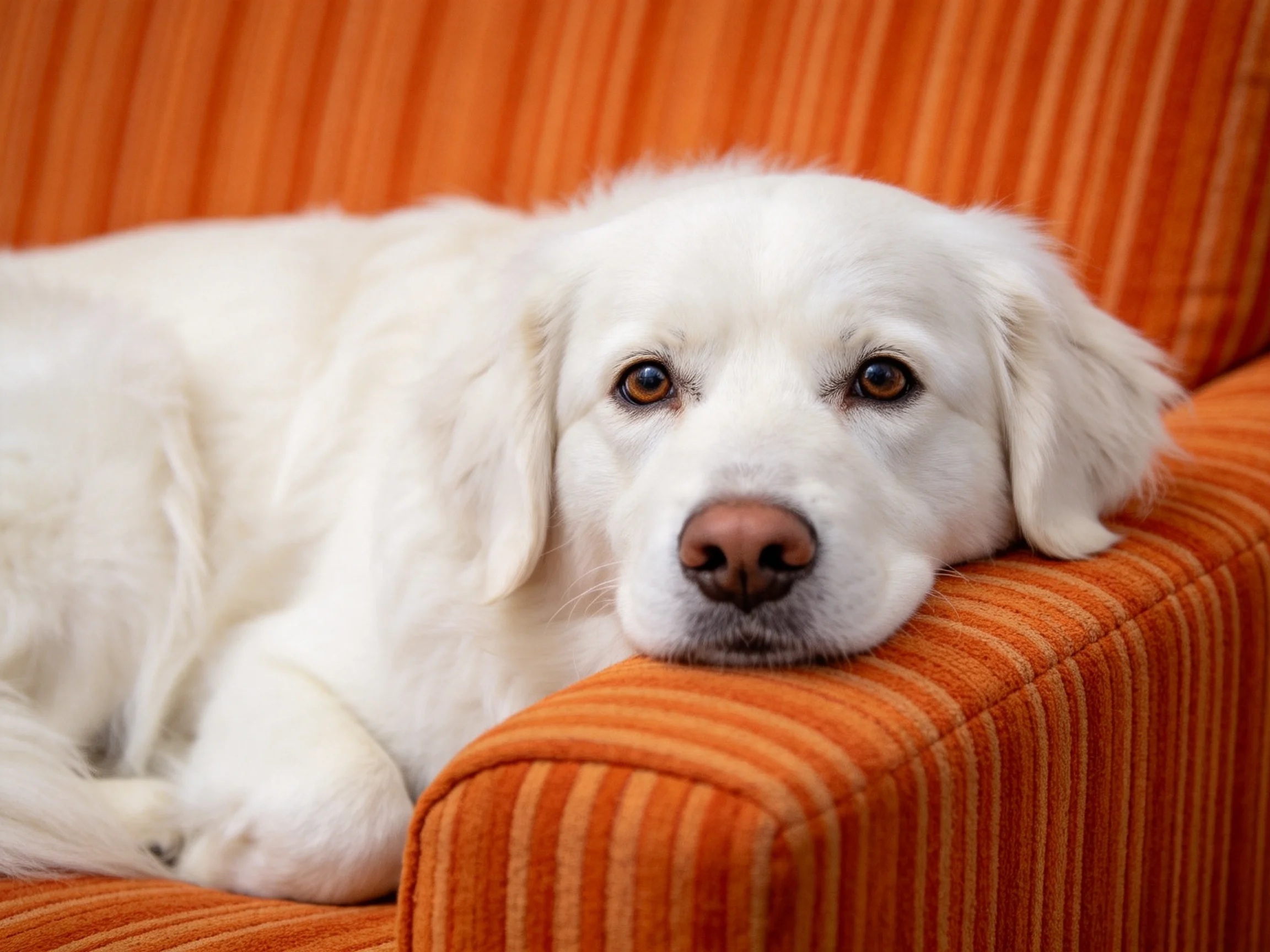 A white dog relaxes on an orange striped couch.