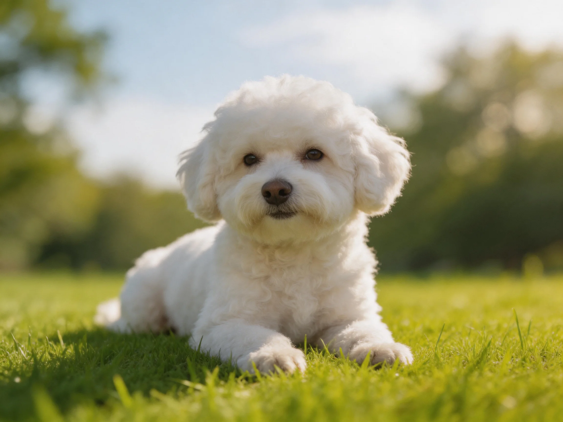 A small white dog rests on grass in a sunny outdoor setting.