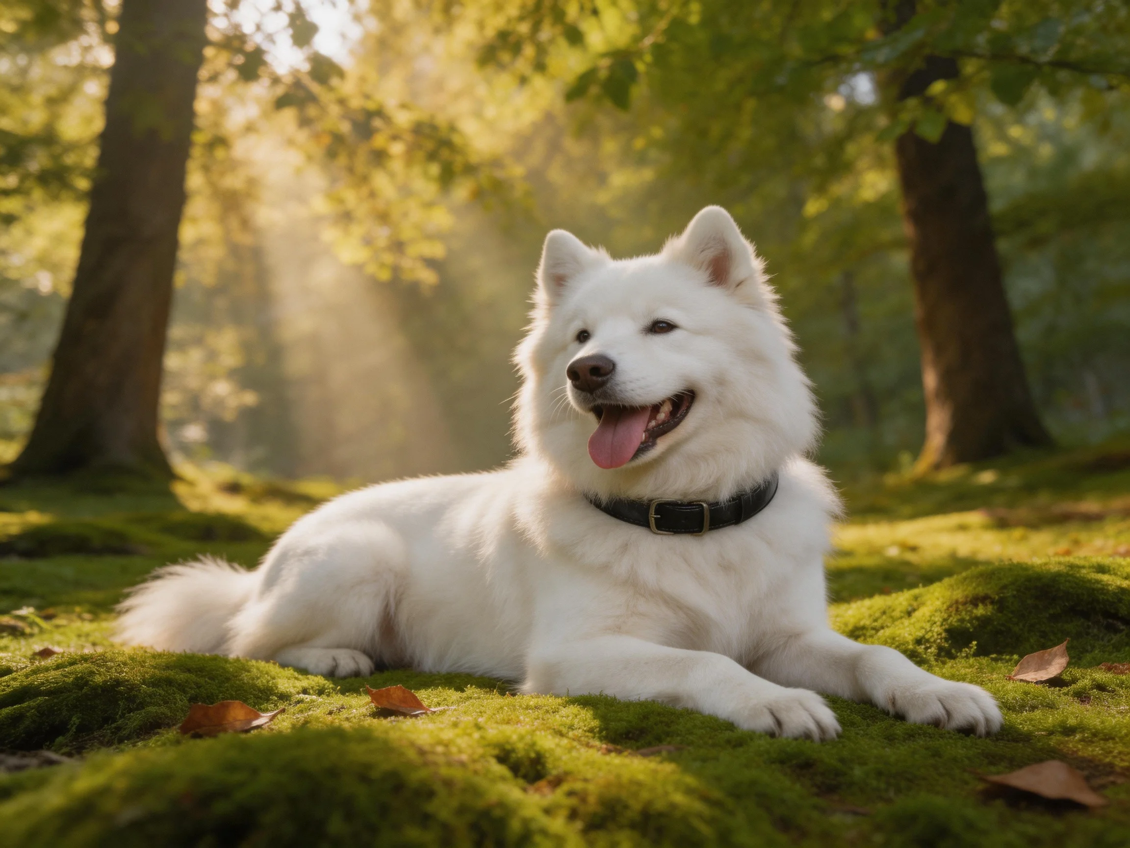 A fluffy white dog rests on mossy ground amid sunlit trees