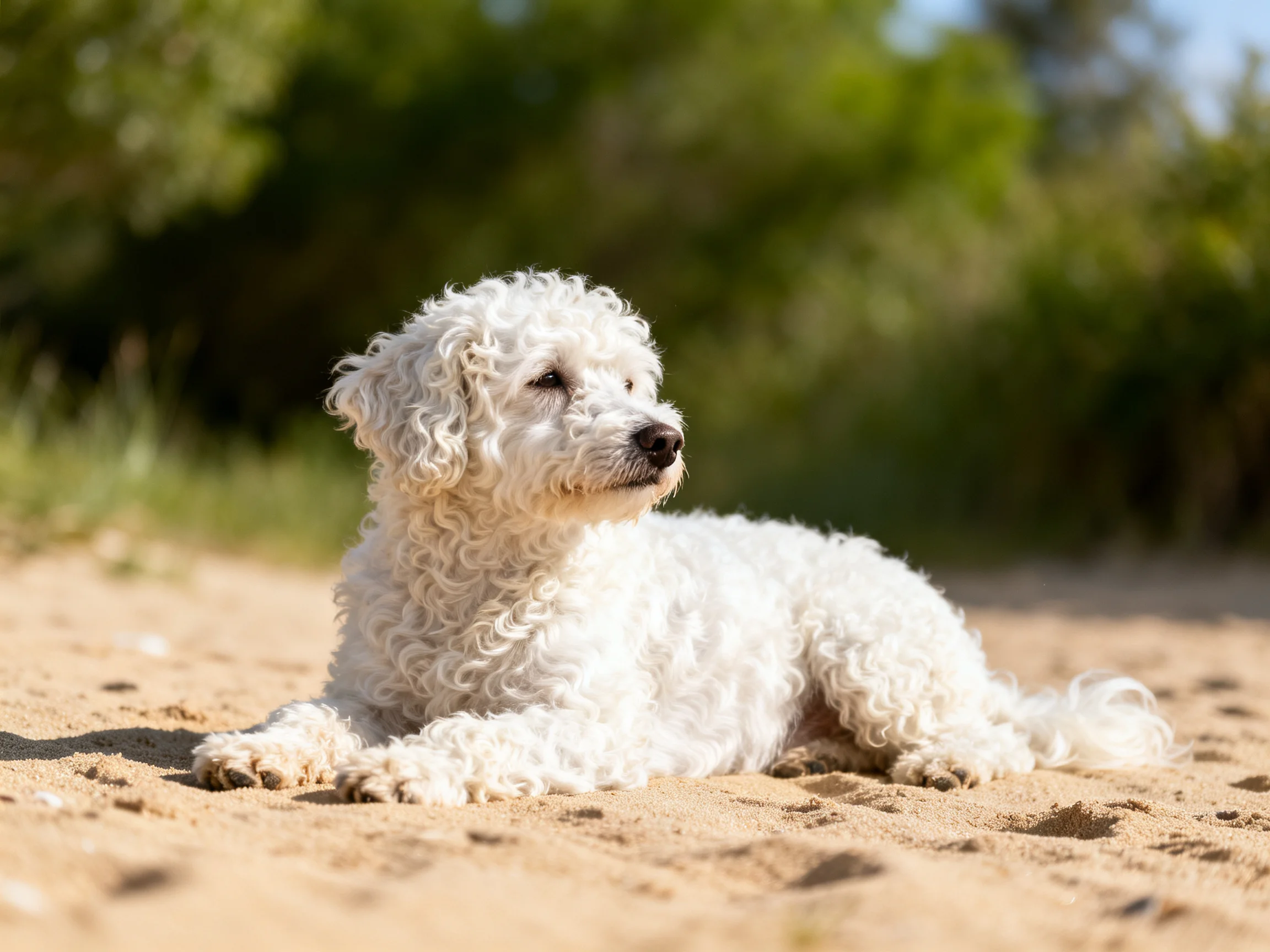 A white dog relaxes on sand in an outdoor setting.