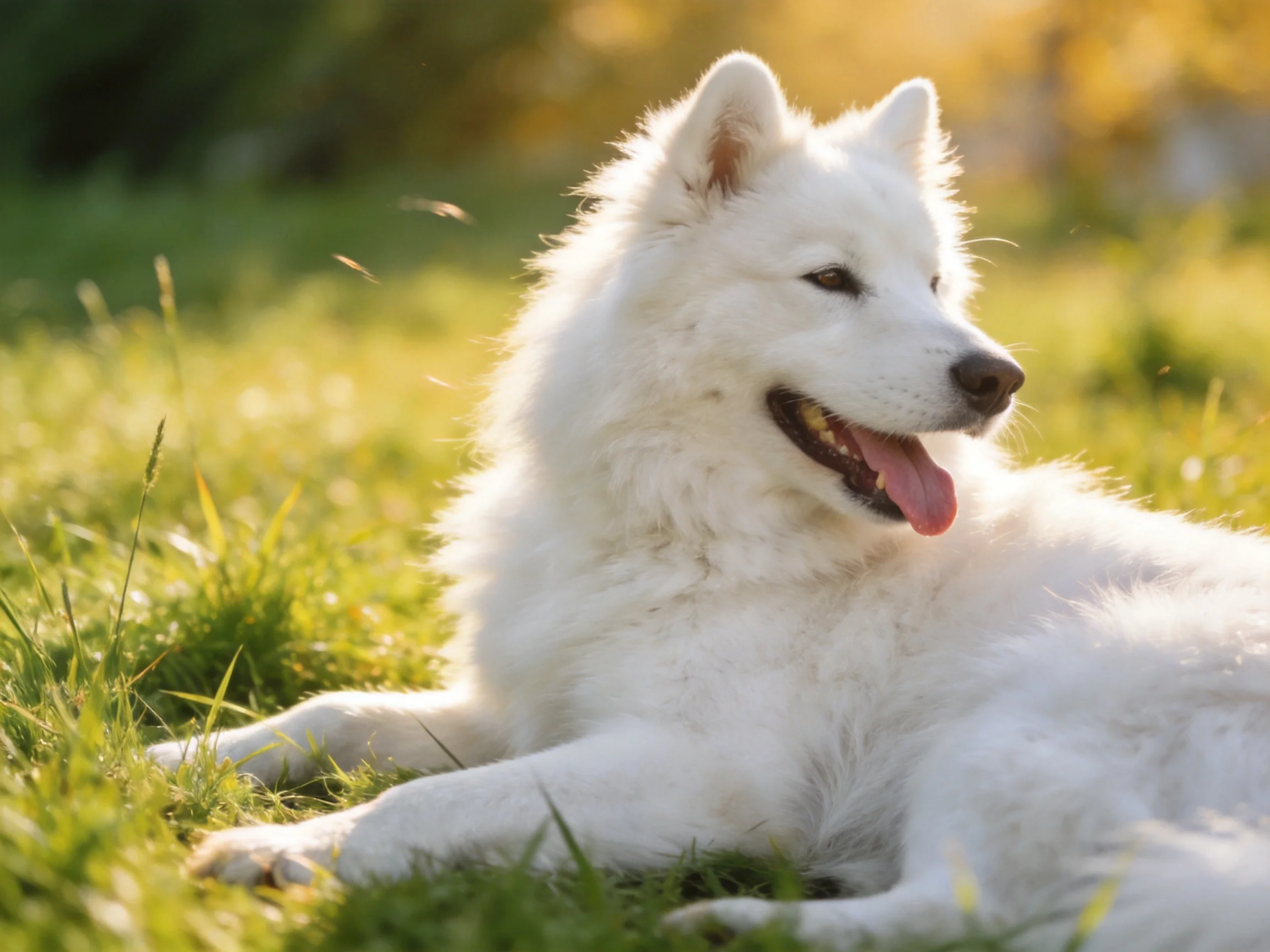 A fluffy white dog relaxes on grass in a sunlit outdoor setting.