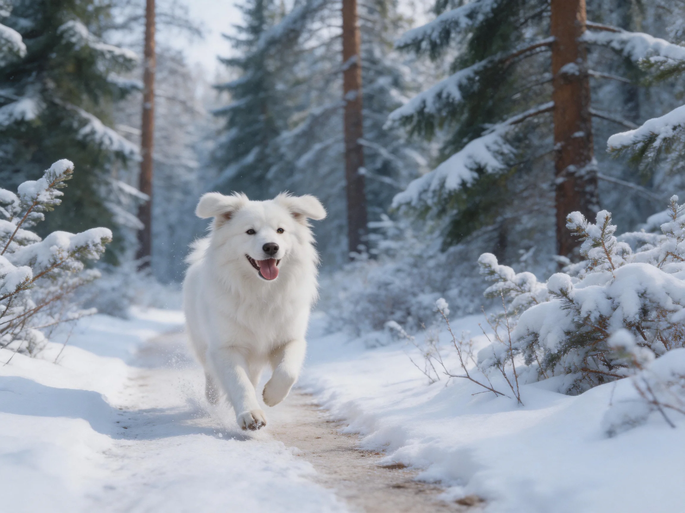 A fluffy white dog running through a snow - covered forest trail