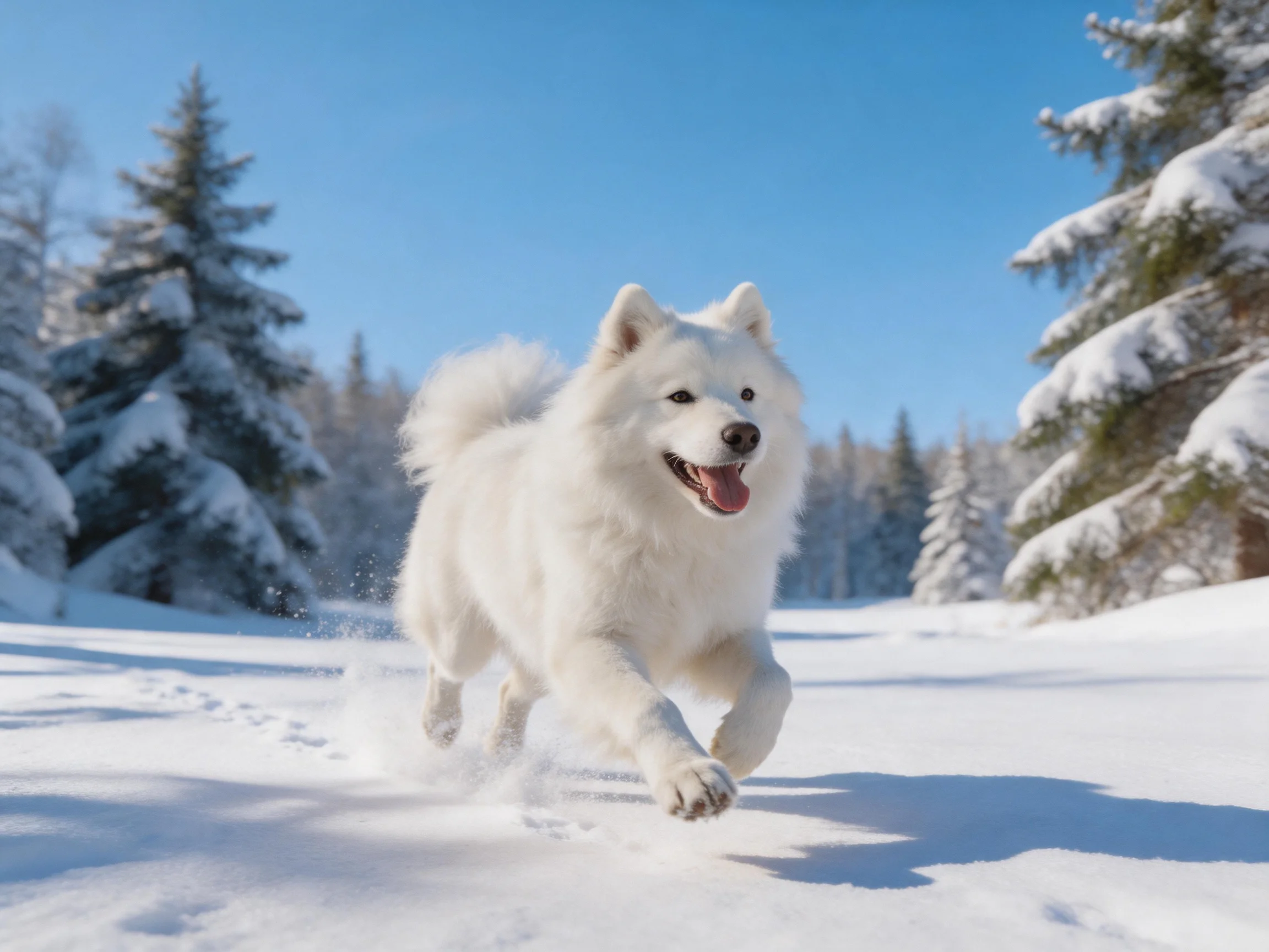 A fluffy white dog running through a snowy forest landscape