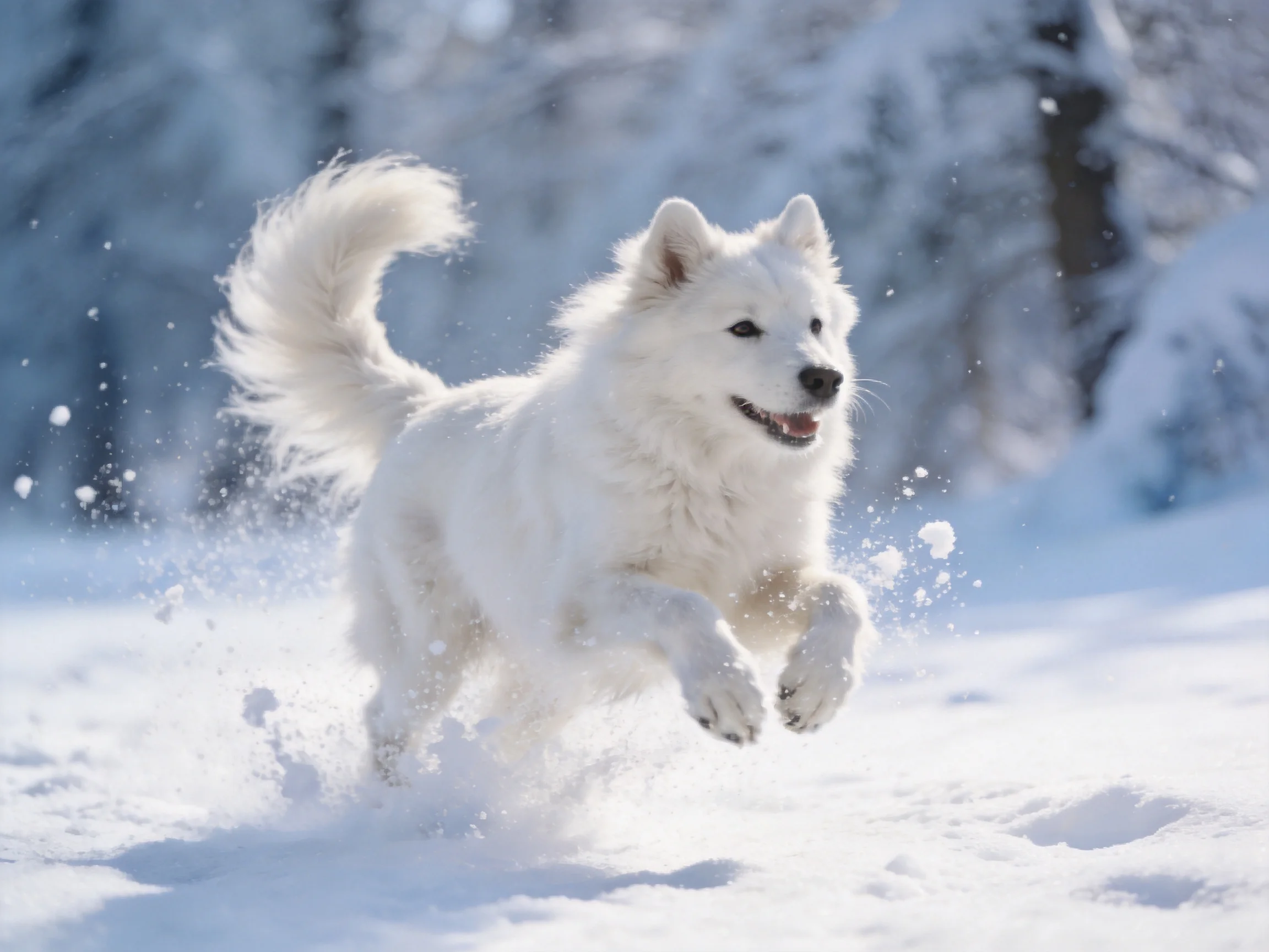 A white dog joyfully runs through snow-filled terrain