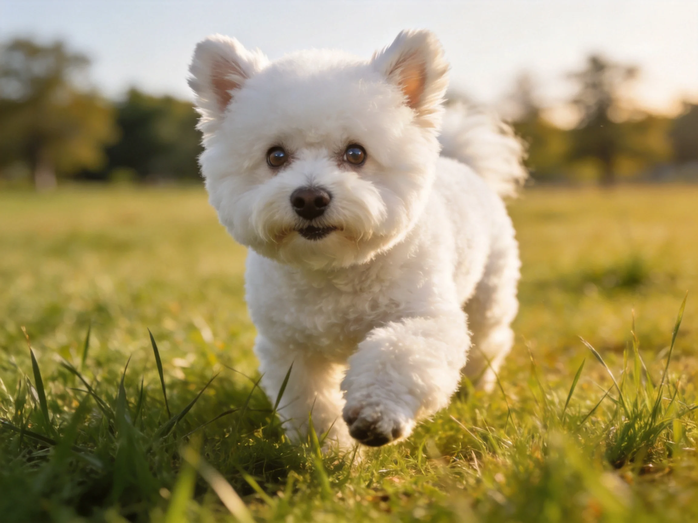 A small white dog runs energetically on a grassy field.