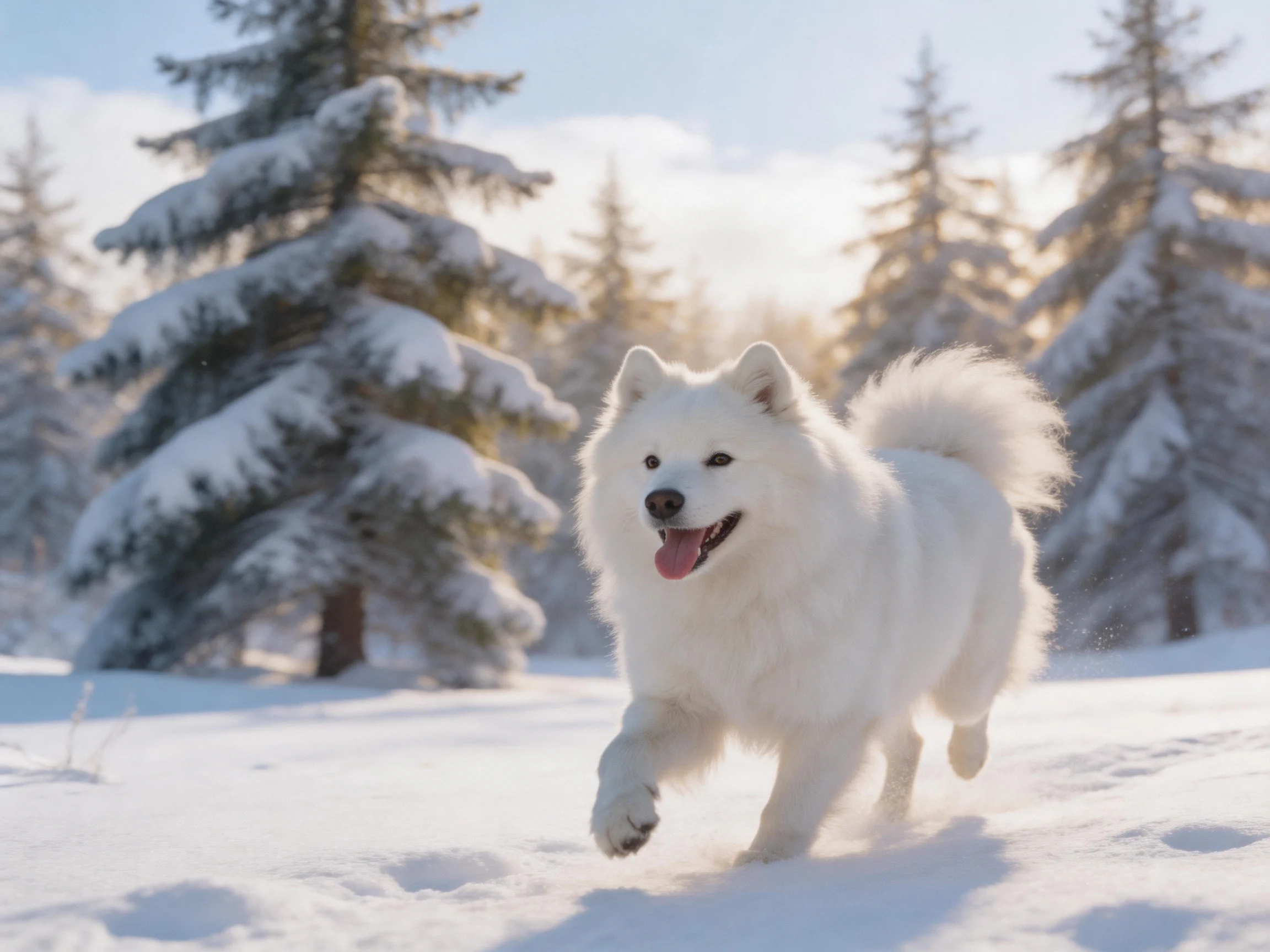 A white dog joyfully runs through a snowy landscape with snow - laden evergreens.