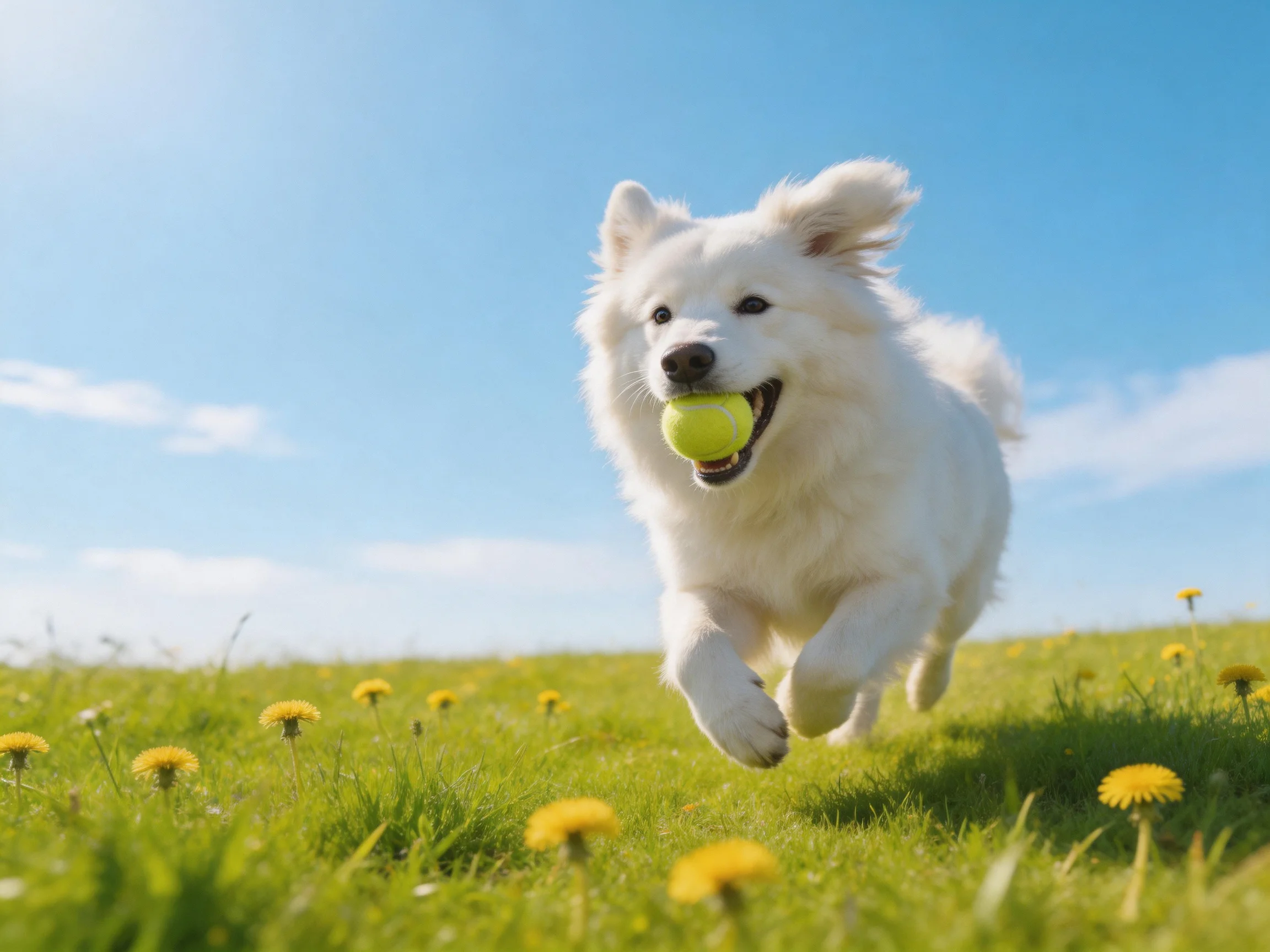 A white dog joyfully runs with a tennis ball in a sunny flower-filled meadow.