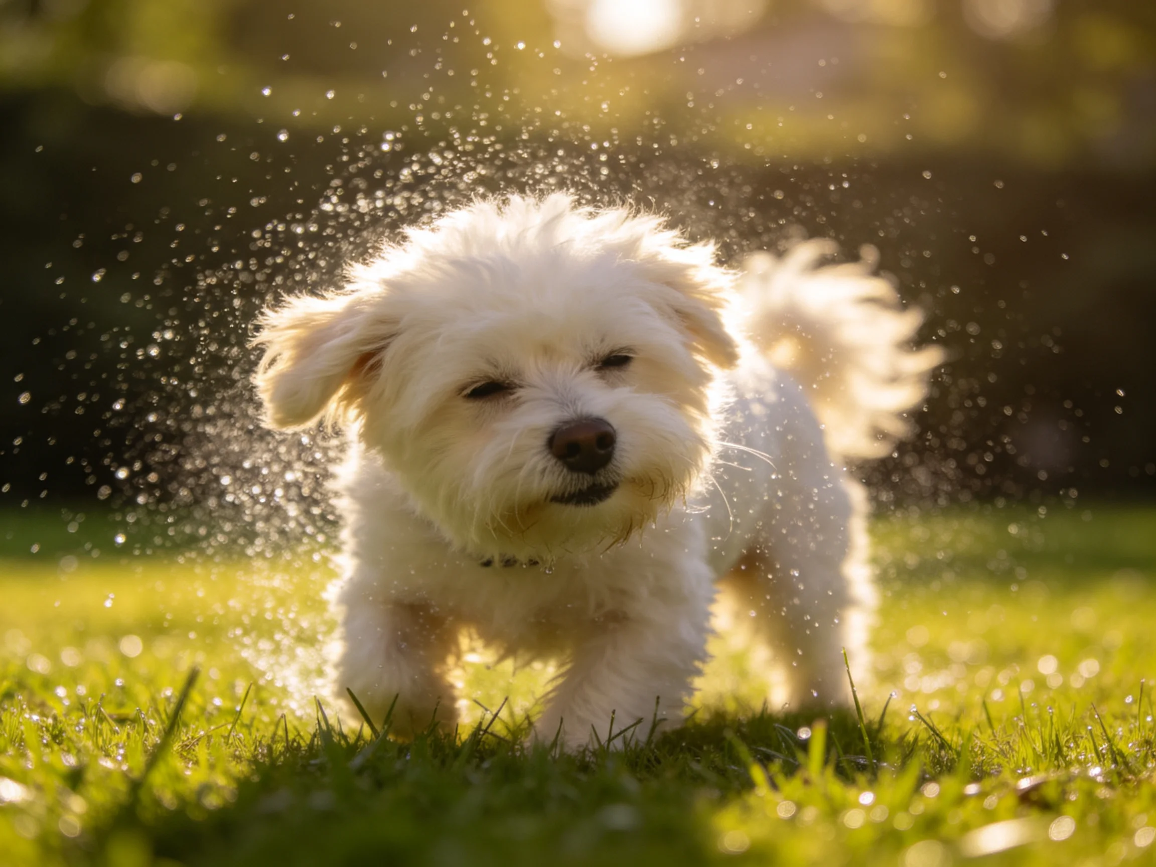 A fluffy white dog shakes water droplets on a sunlit grassy lawn