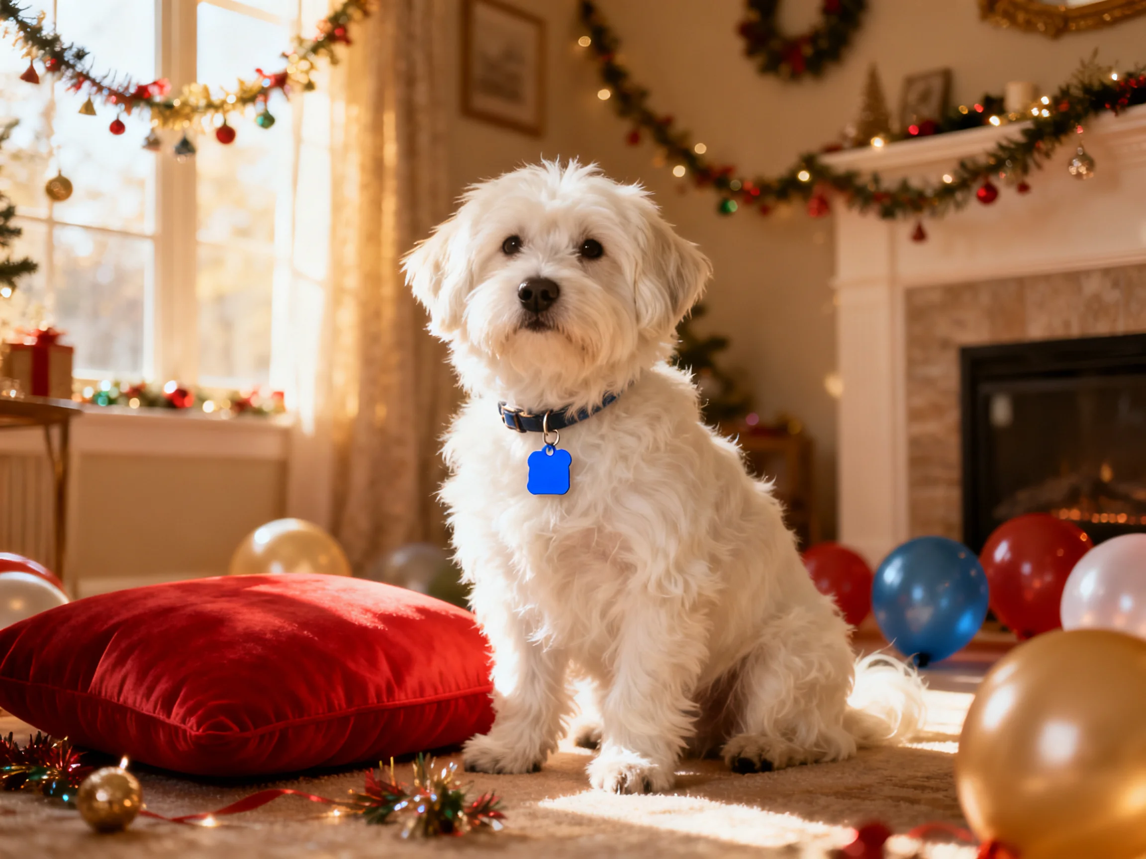 A fluffy white dog sits amid colorful holiday decor and festive balloons