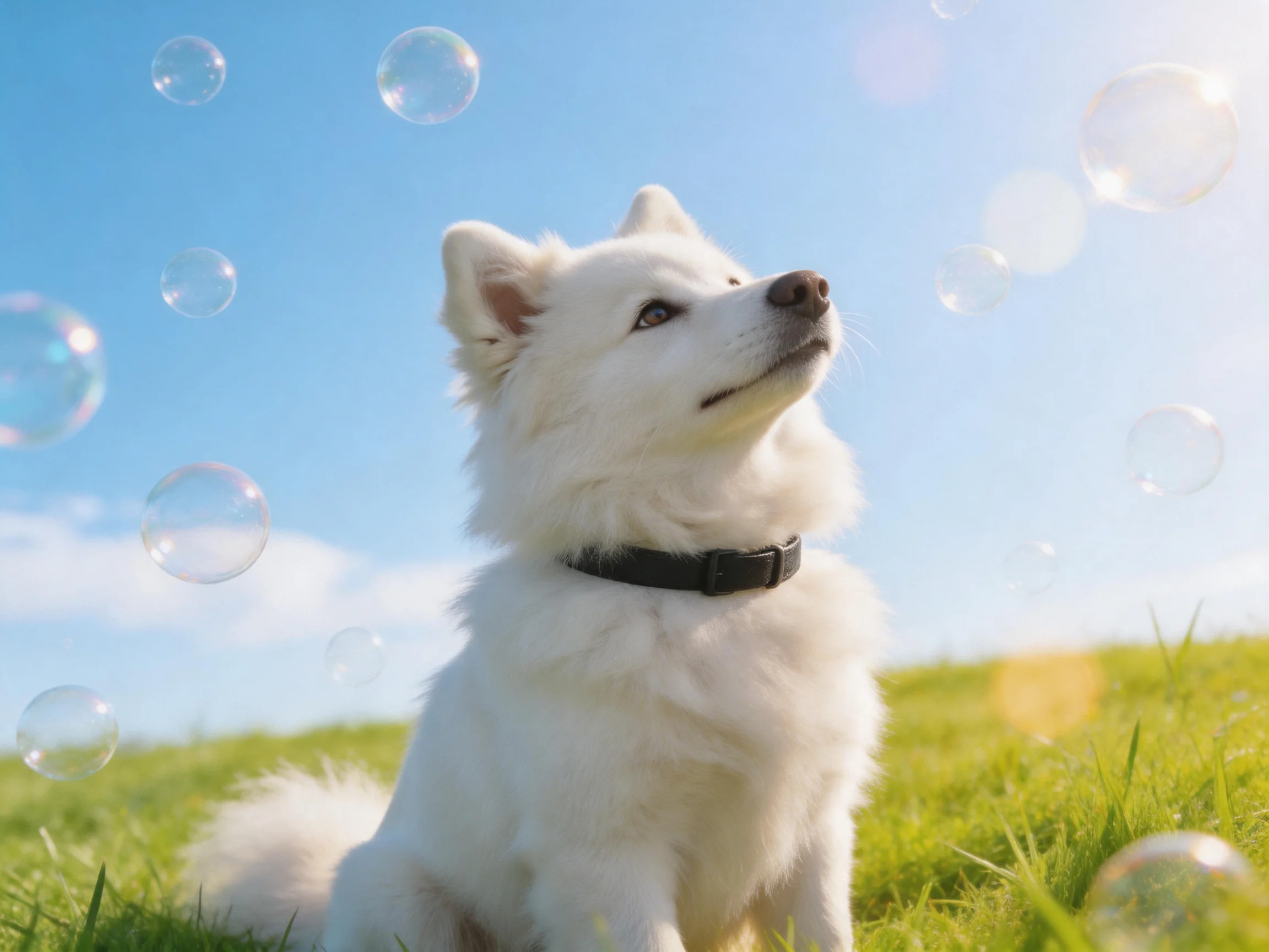 A white dog sits among bubbles in a sunny grassy area.