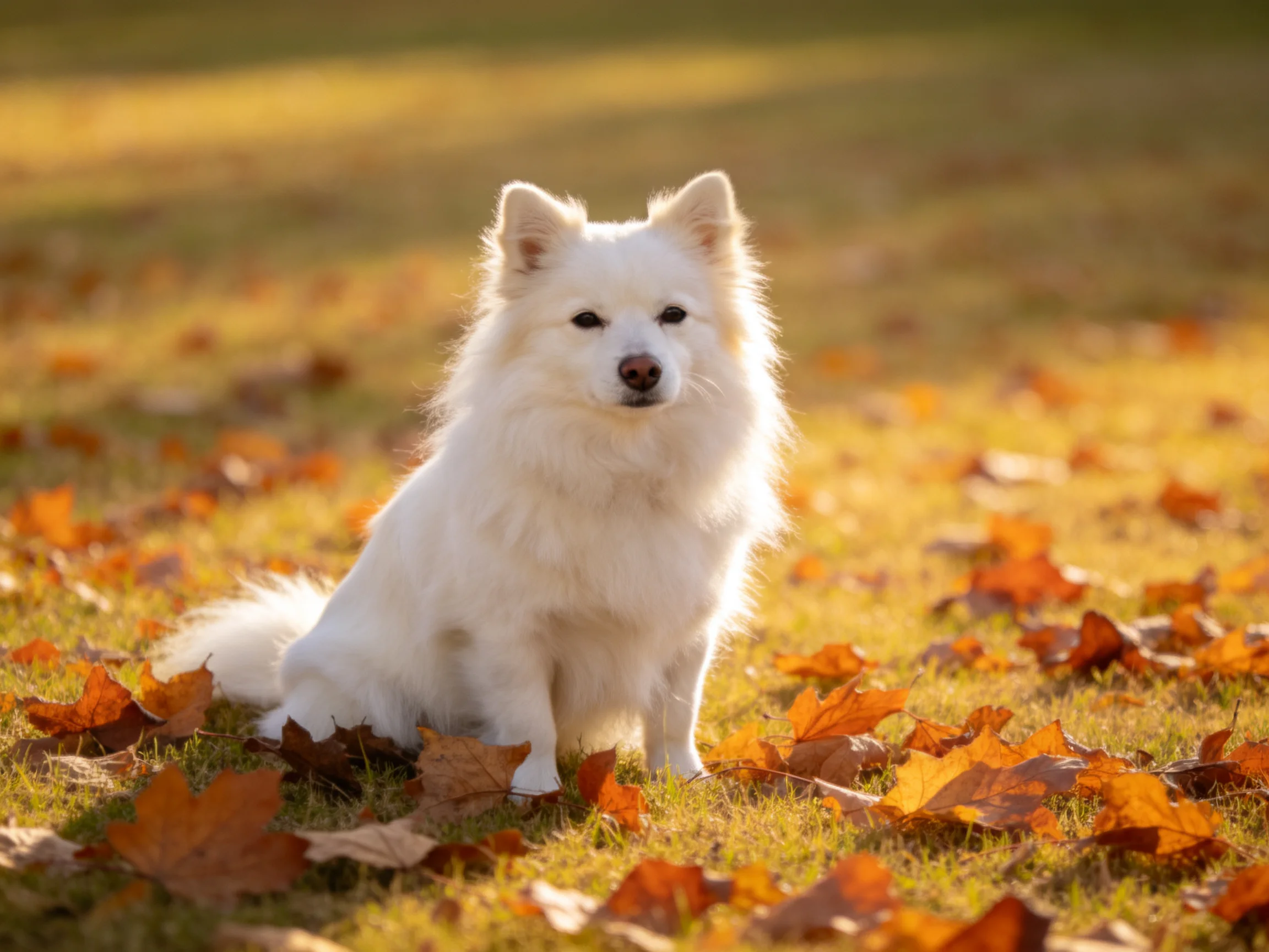 A fluffy white dog sits amid scattered autumn leaves under warm golden light