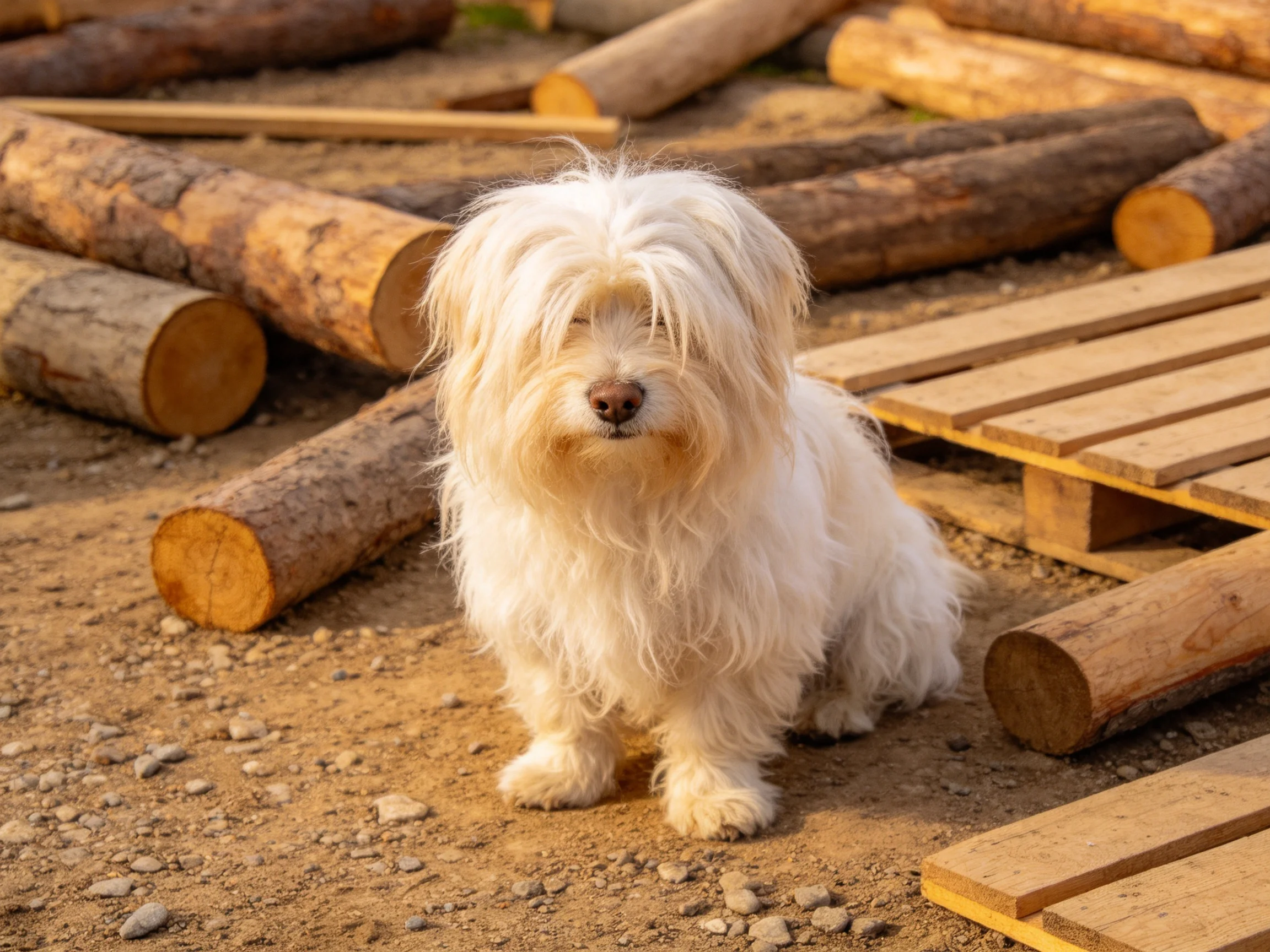 A fluffy white dog sits among scattered wooden logs and pallets on a dirt path.