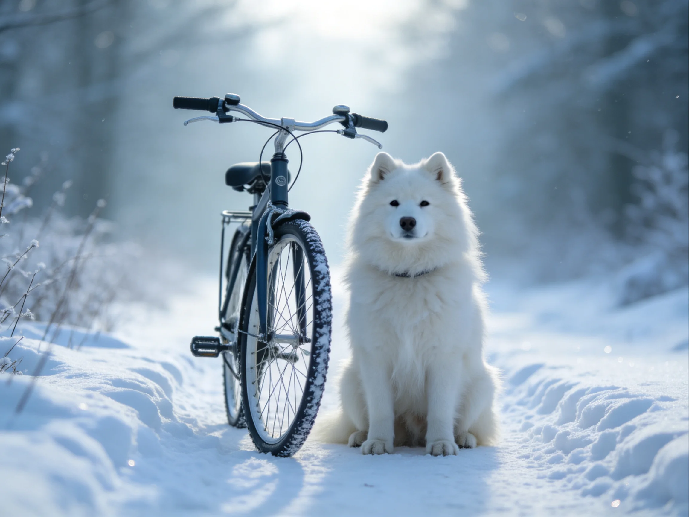 A fluffy white dog sits next to a bicycle on a snow - covered trail