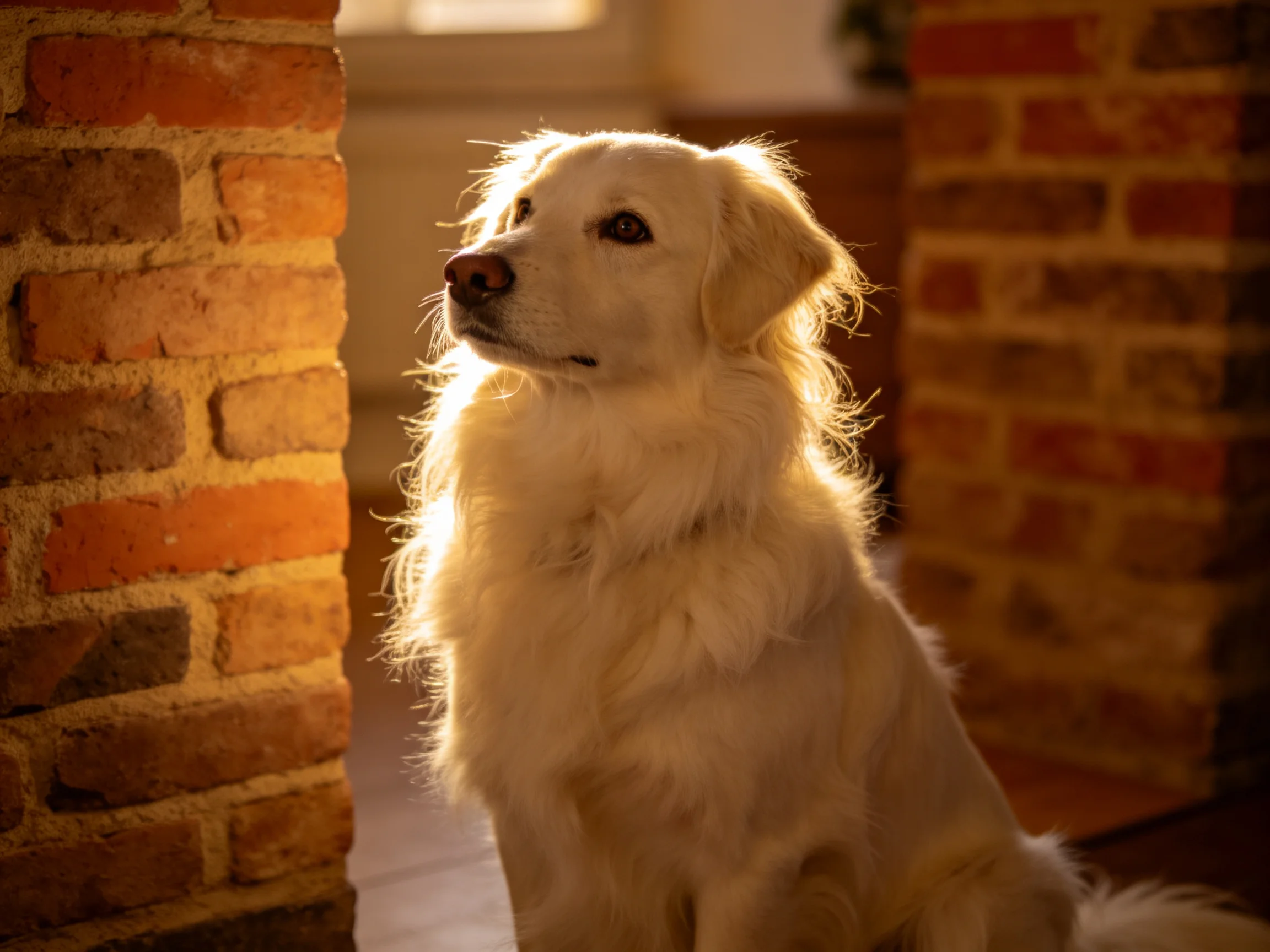 A fluffy white dog sits near aged brick structures in warm lighting.