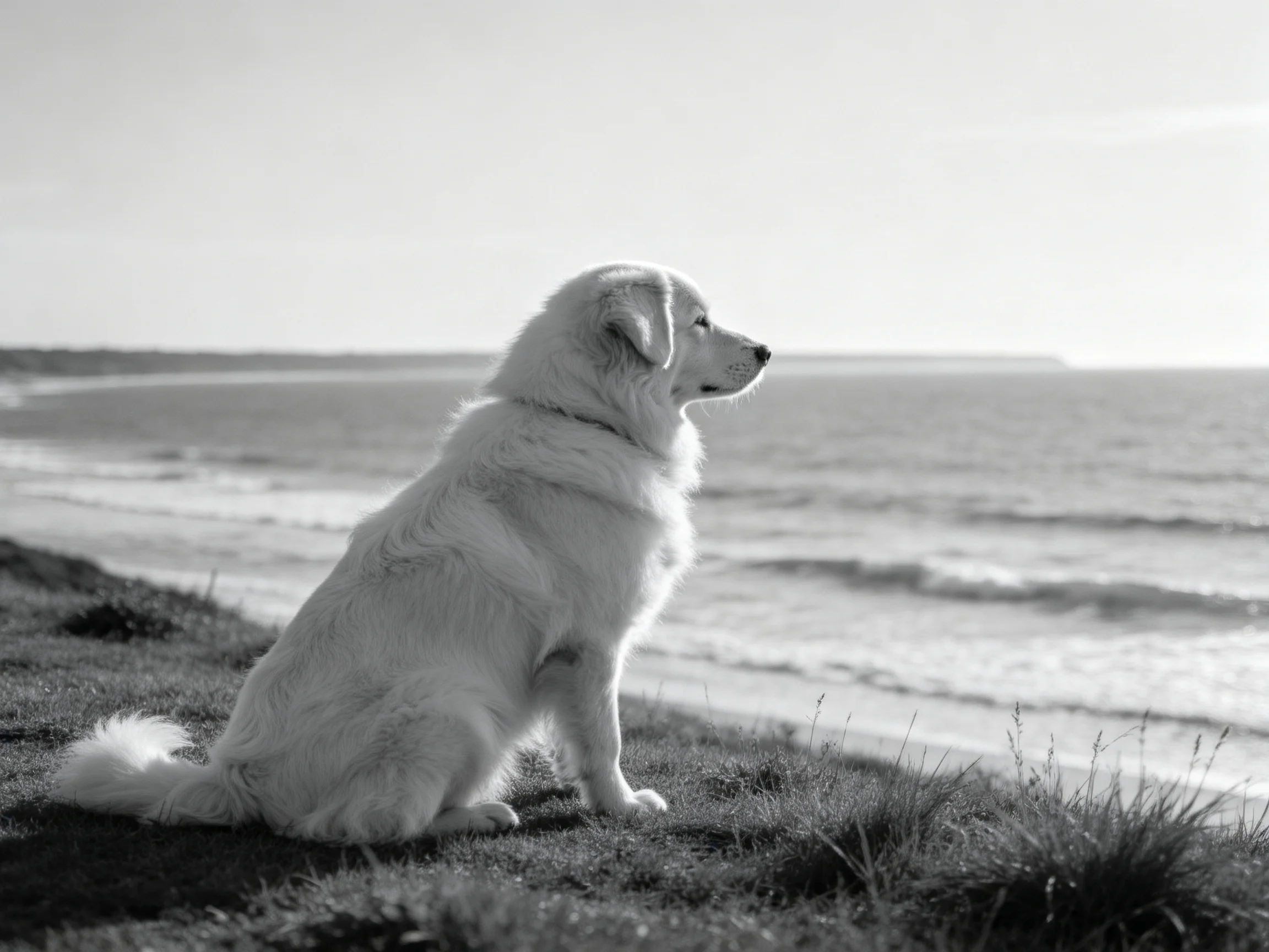 A white dog sits peacefully by the shore, gazing at the calm sea